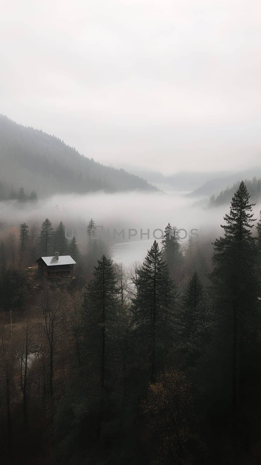 A foggy mountain valley with a wooden cabin nestled among tall trees, creating a serene and mysterious atmosphere.