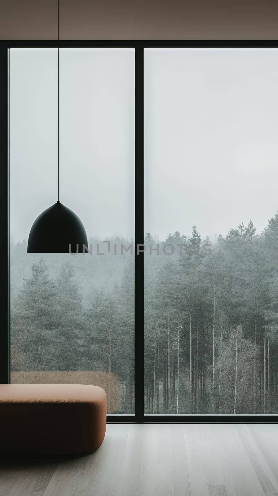 A modern interior featuring large windows with a view of a foggy forest, a pendant lamp, and a cozy bench.
