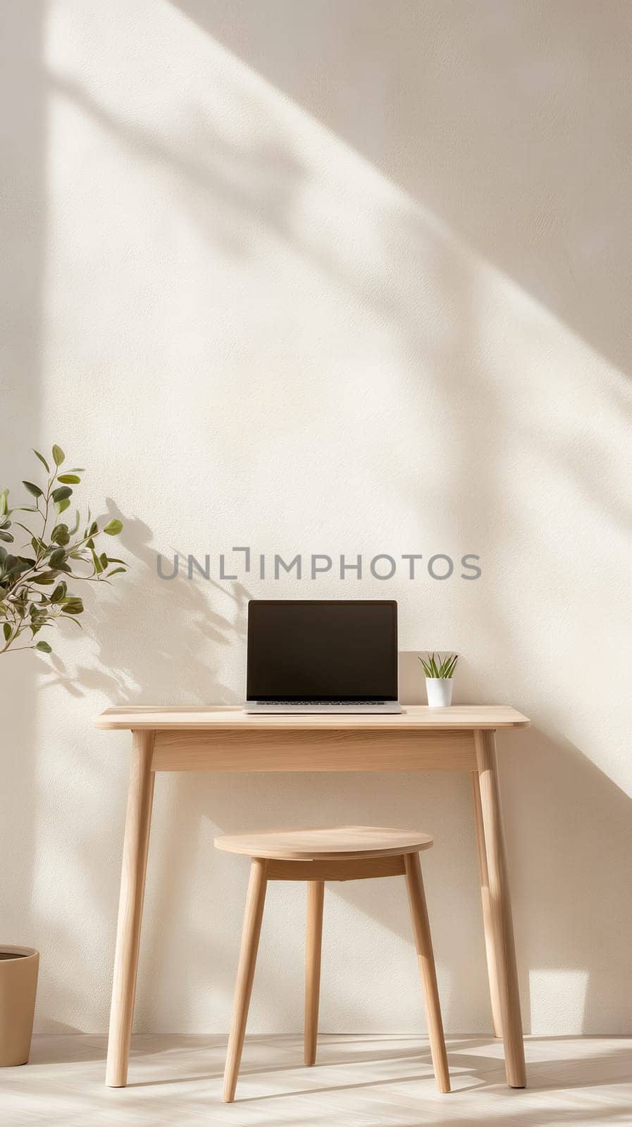 A minimalist workspace with a laptop, wooden desk, and natural light casting shadows on the wall.
