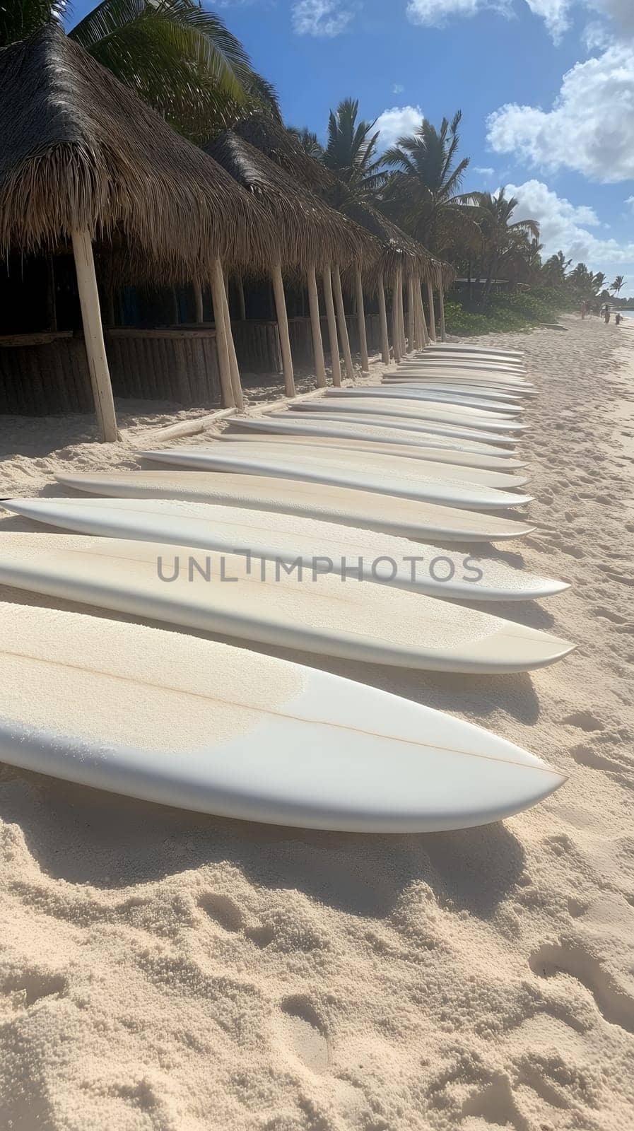 A row of surfboards neatly arranged on a sunlit tropical beach, ready for an exciting day of surfing.