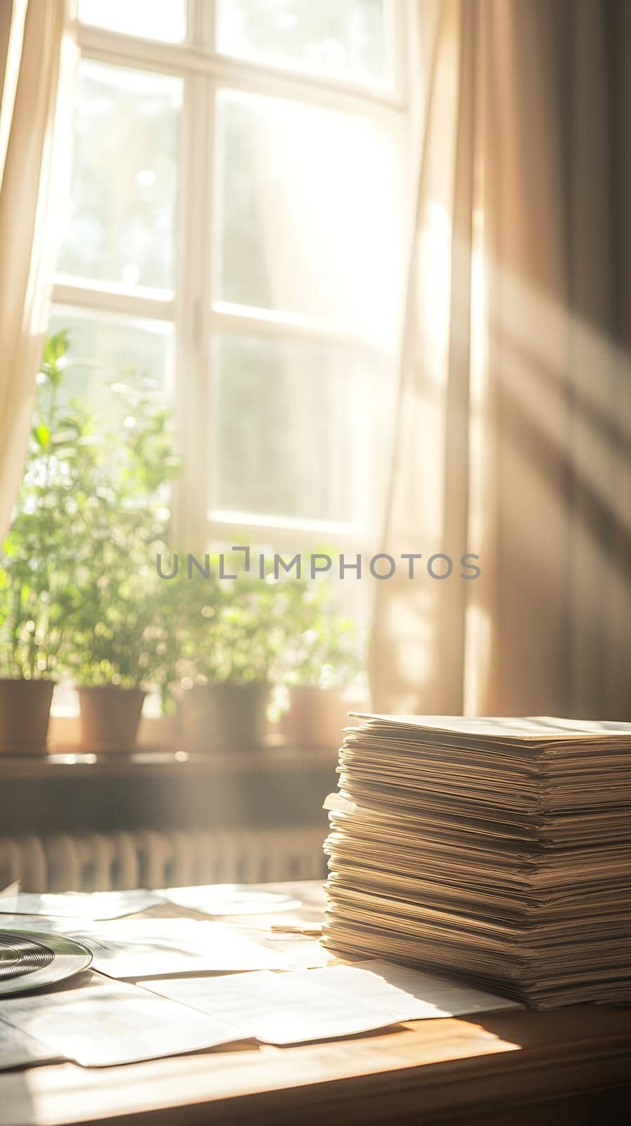 Sunlight streams through a window, illuminating a stack of papers in a serene, plant filled room.
