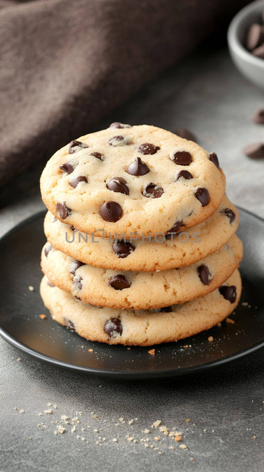 A tempting stack of freshly baked chocolate chip cookies on a black plate, perfect for a sweet treat.