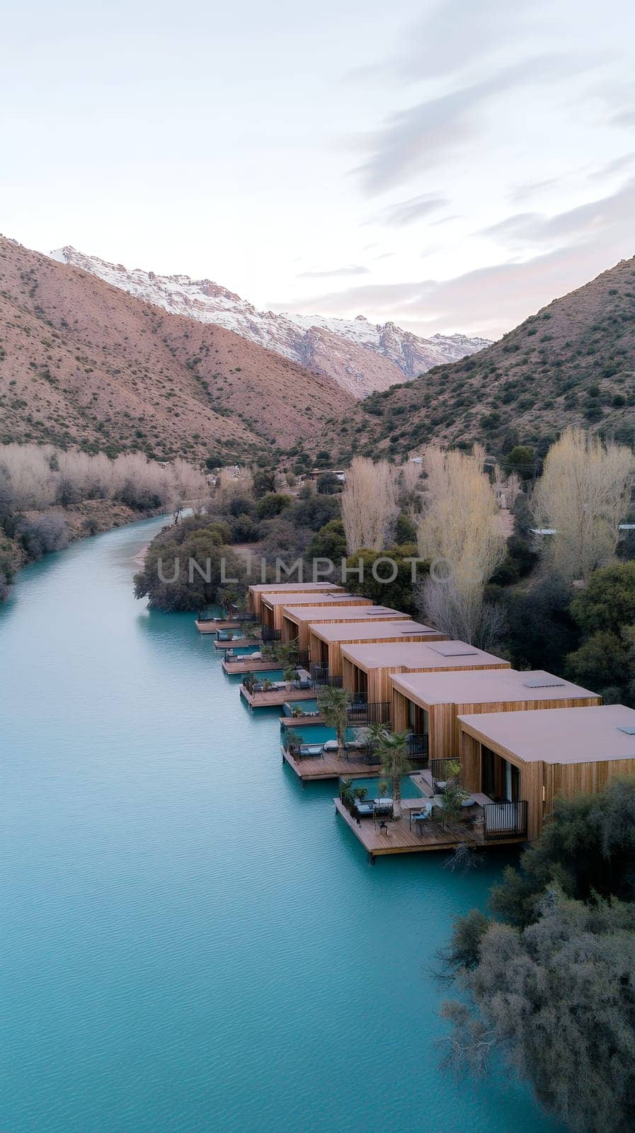 Riverside cabins nestled in a mountainous landscape, offering a tranquil retreat surrounded by natural beauty.