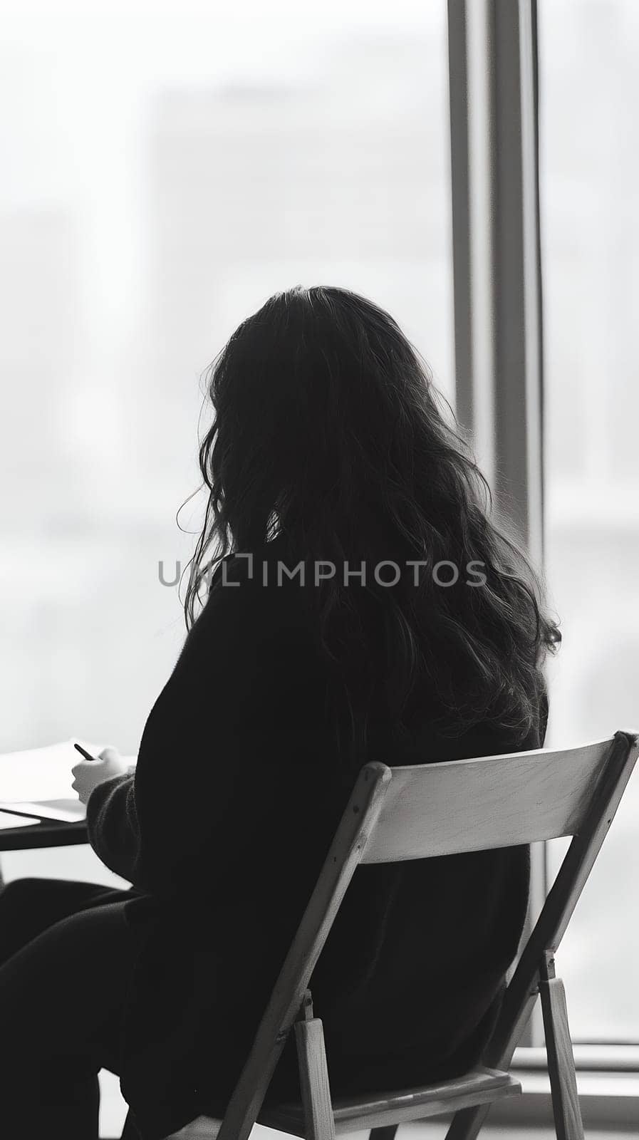 Black and white photo of a woman sitting by a window, deep in thought, with a serene backdrop of the city.
