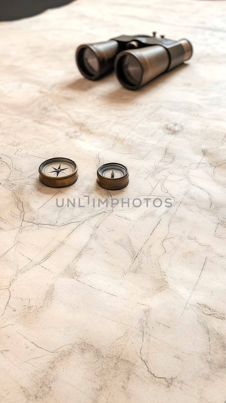 Top view of a vintage map with a compass and binoculars, evoking a sense of adventure and exploration.