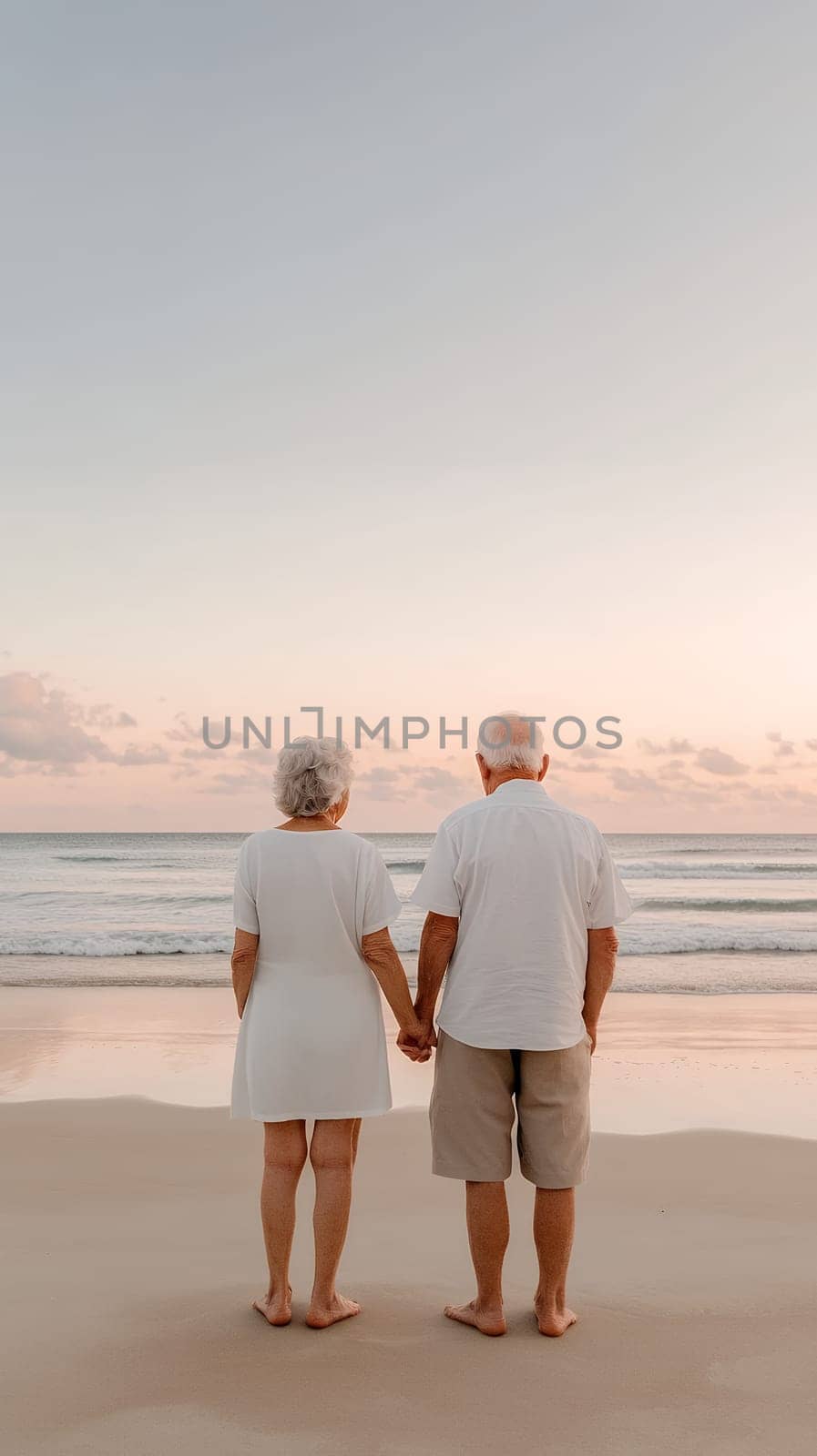 Elderly couple holding hands, gazing at the ocean during a serene sunset, symbolizing love and companionship.