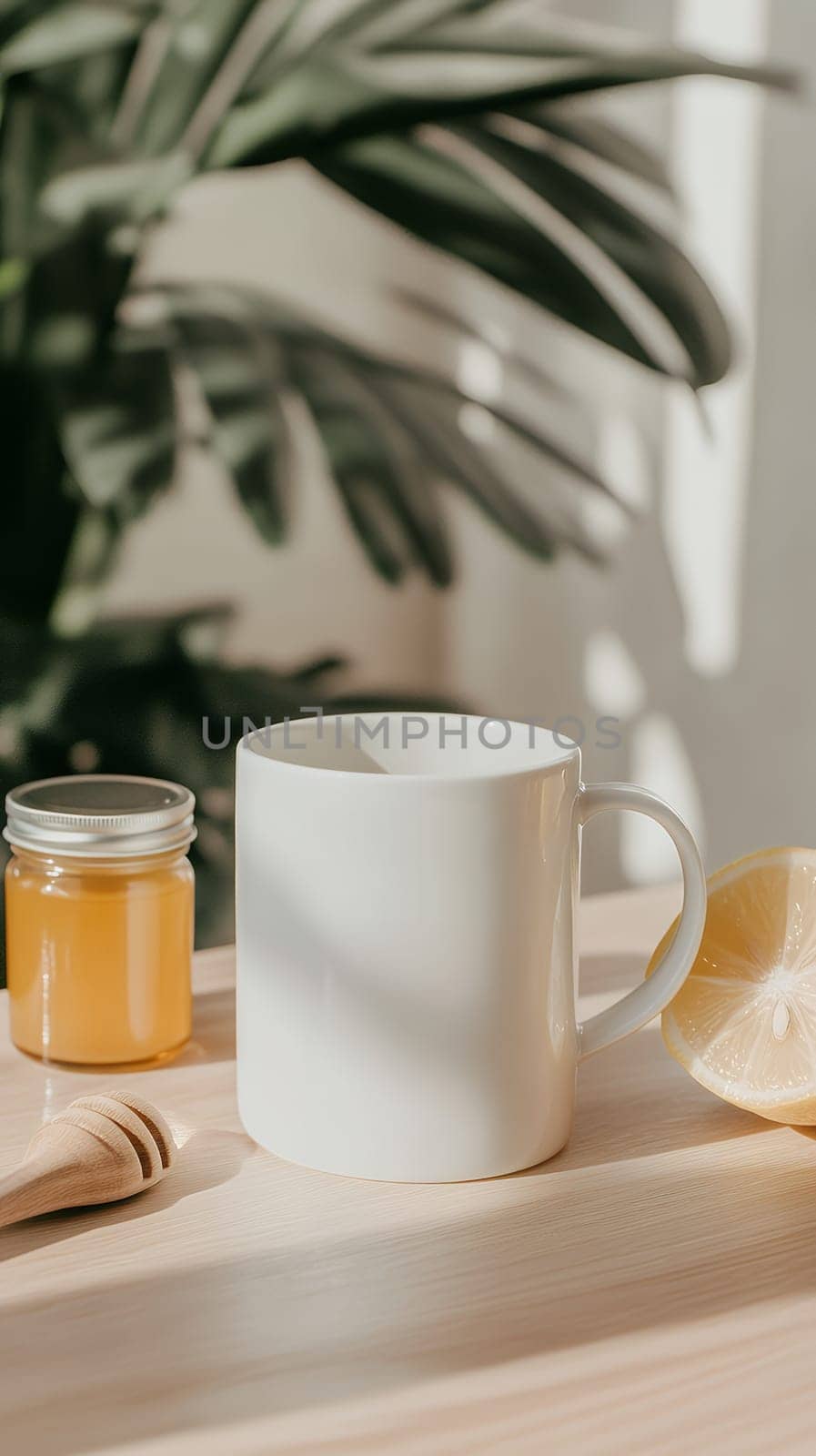 A cozy setup featuring a mug with honey and lemon in a sunlit kitchen, perfect for a relaxing morning ritual.