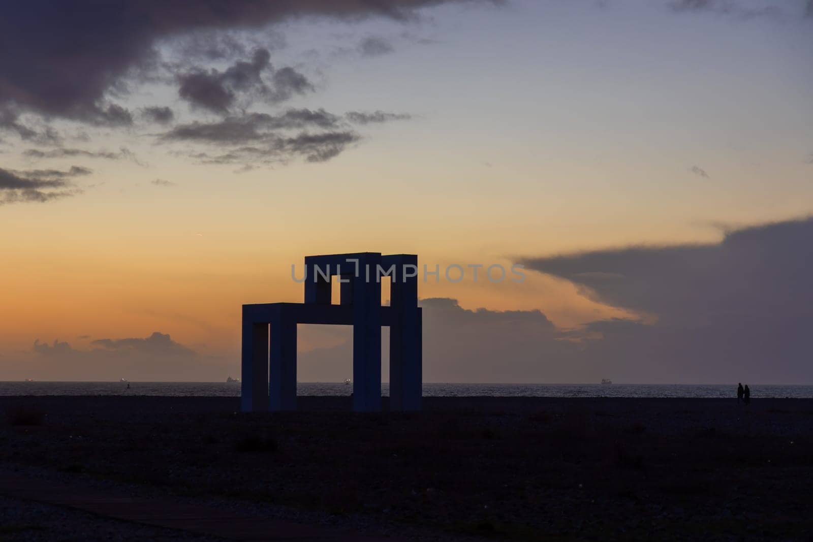 Le Havre, France - February 26, 2025: UP 3 is a monumental sculpture in white concrete by Sabina Lang and Daniel Baumann installed permanently on the beach in Le Havre since July 2018