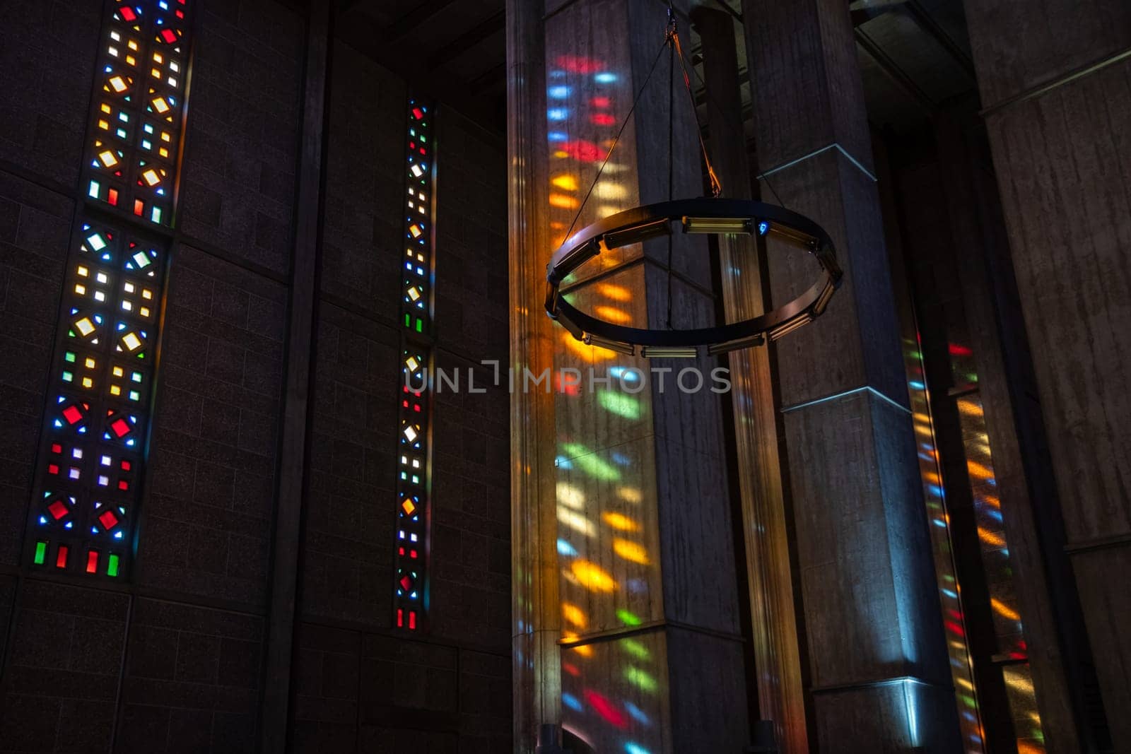 Le Havre, France, February 26 2025: Interior of St. Joseph s Church in Le Havre, showcasing Auguste Perret s modernist design with vibrant stained glass
