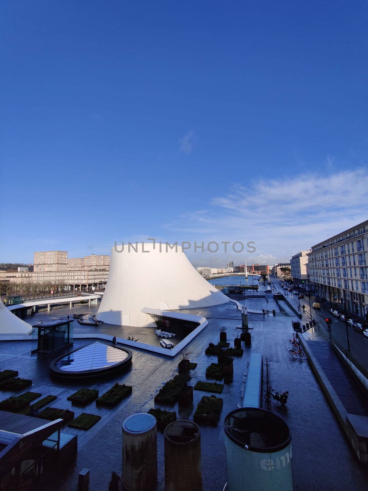 Le Havre, France, February 26, 2025: A window view of Le Havre featuring Oscar Niemeyer's Volcano, a bold and modern architectural landmark in Normandy, blending curves and concrete