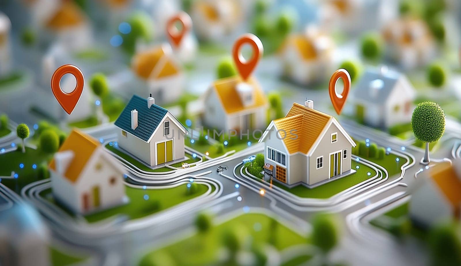 Miniature houses with location markers illustrate real estate navigation and property location search.
