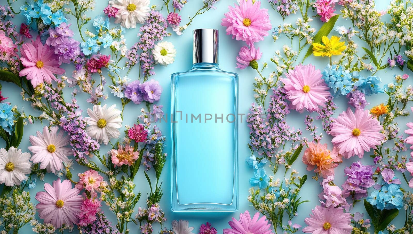 A light-blue perfume bottle sits amidst a vibrant arrangement of pastel-colored flowers on a light-blue background.