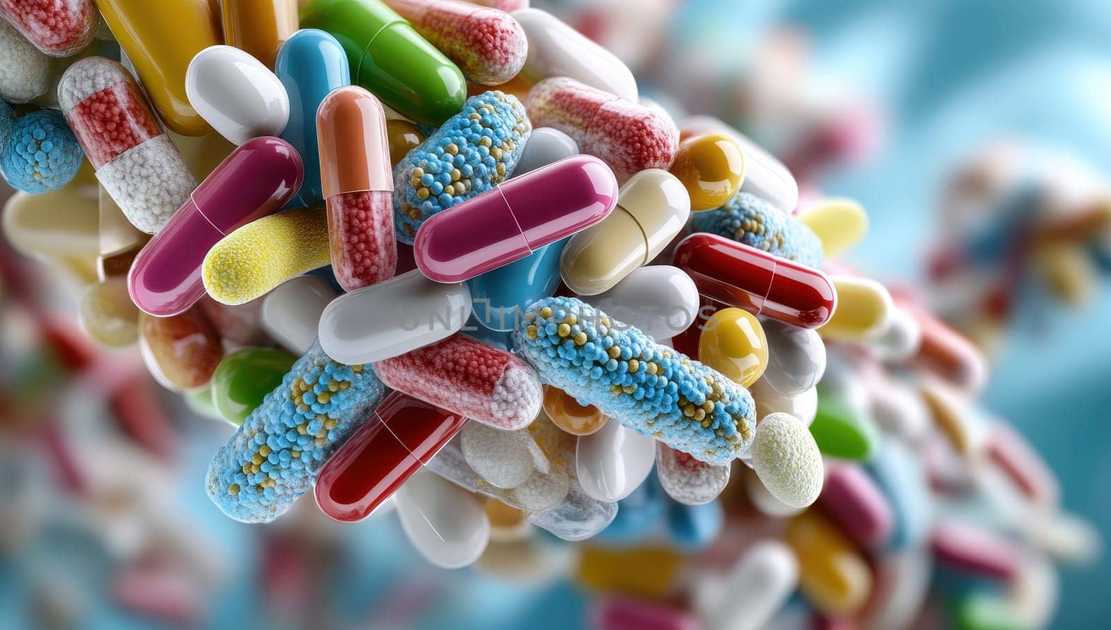 A vibrant pile of colorful pills and capsules, representing various medications and healthcare.