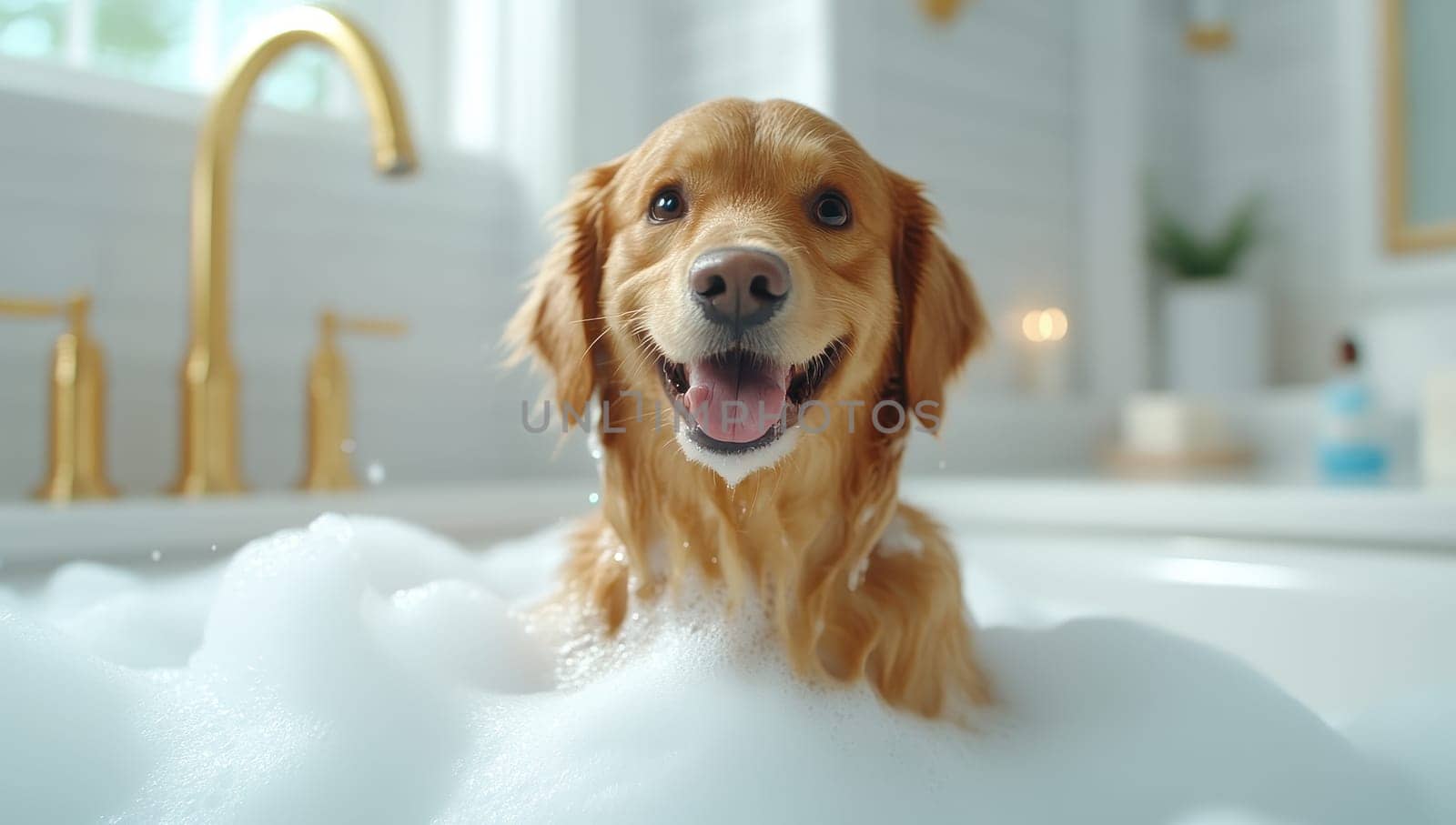 A happy golden retriever dog enjoys a bubbly bath, showing its cheerful expression.