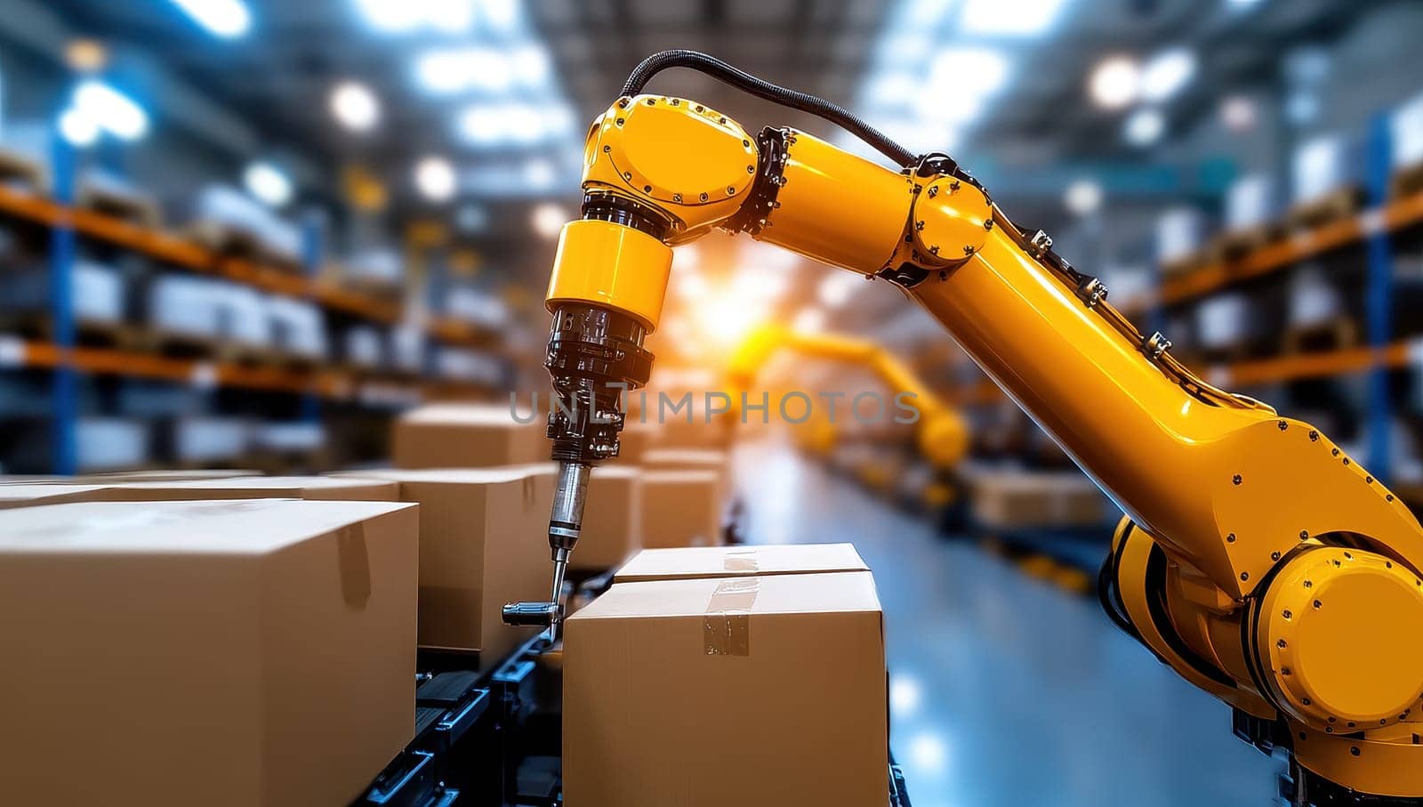 A yellow robotic arm precisely places cardboard boxes on a conveyor belt in a modern warehouse.