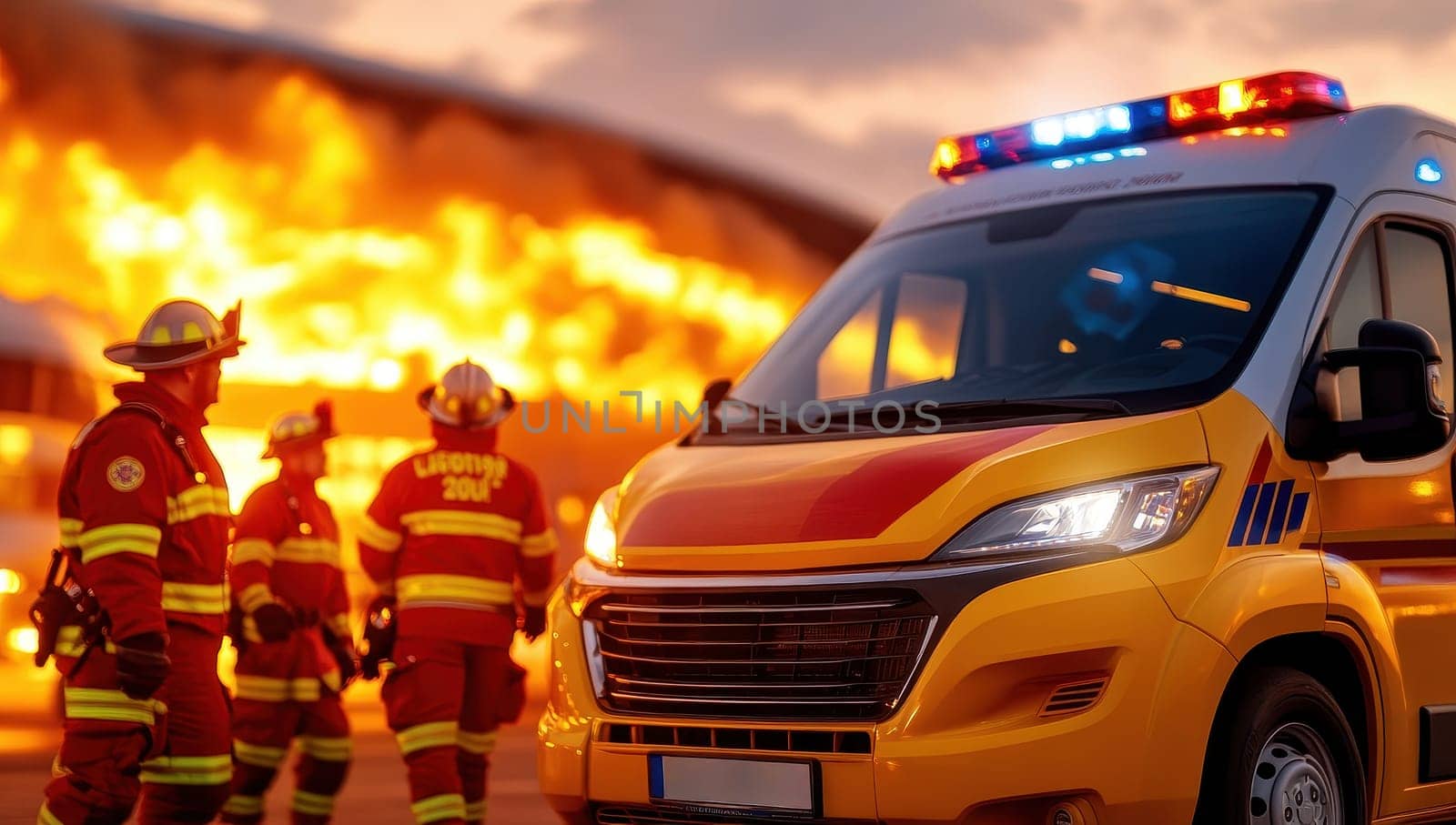 Firefighters battle a large blaze, with an emergency vehicle responding to the scene.