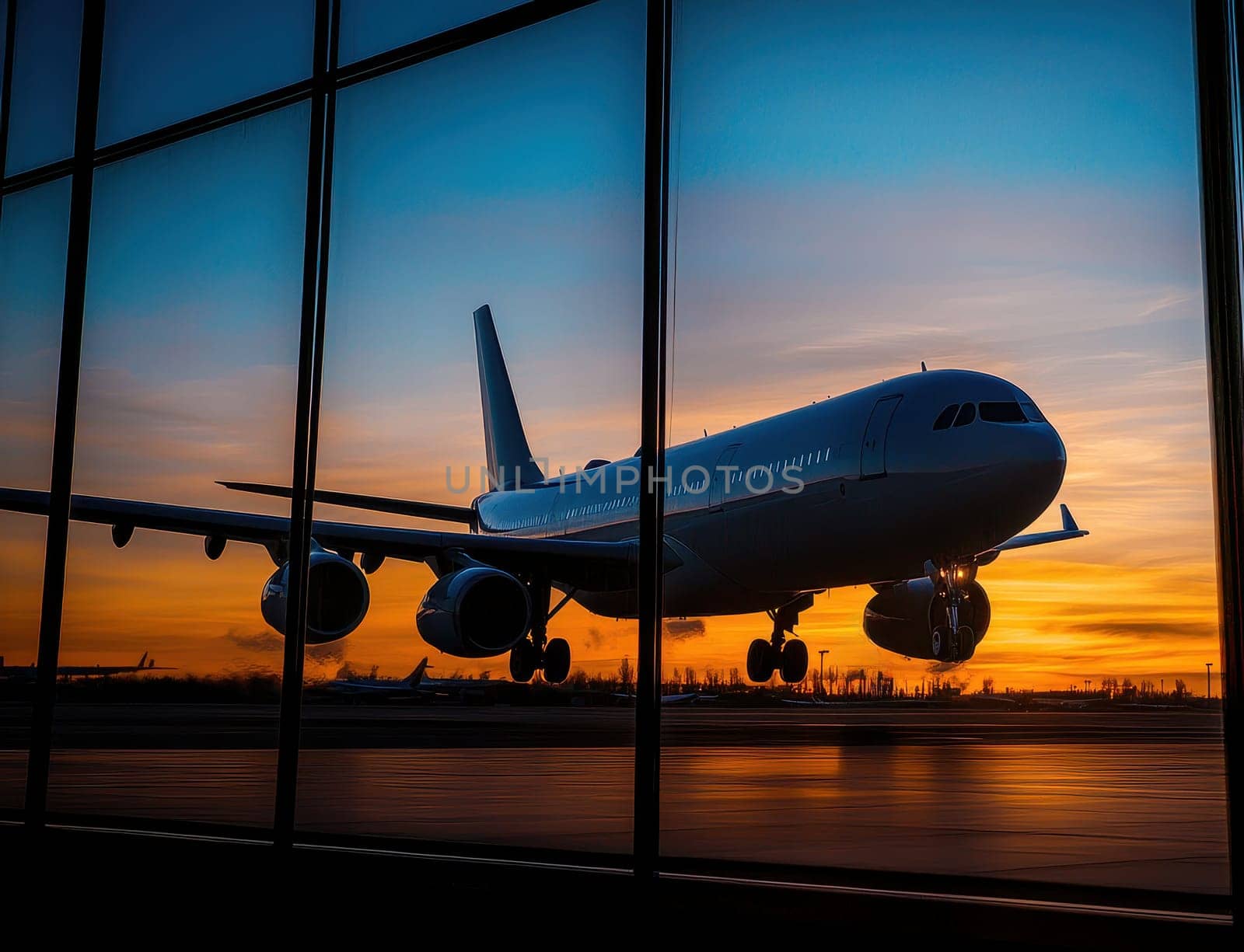 A passenger airplane lands at sunset, viewed through an airport terminal window.