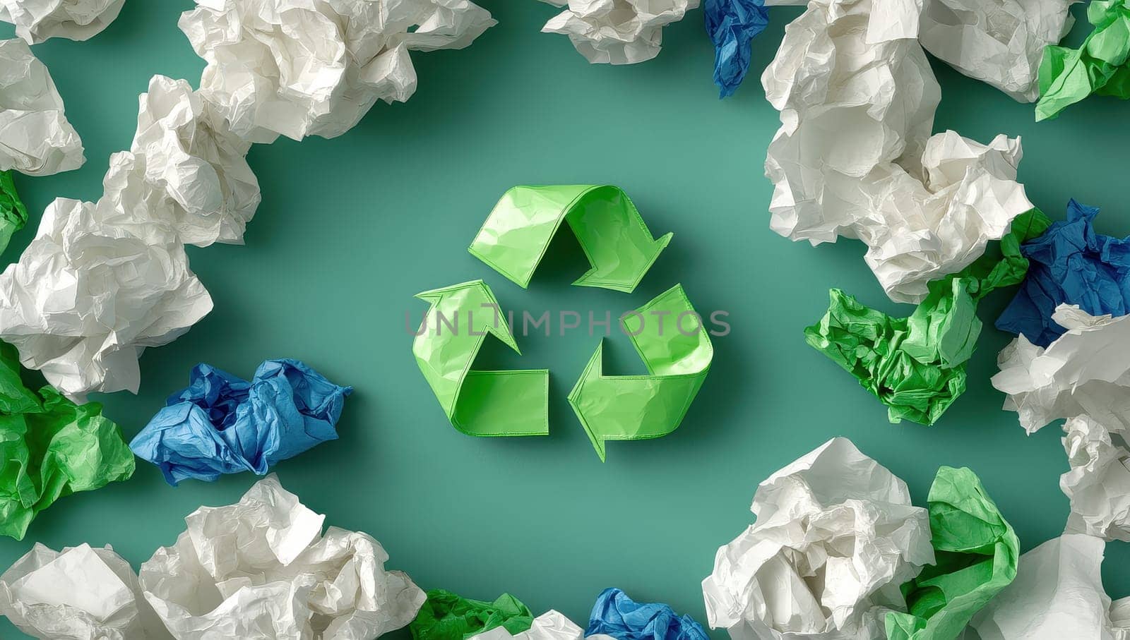 Green recycle symbol crafted from crumpled paper, surrounded by colorful waste paper balls on a teal background, illustrating recycling and waste management.