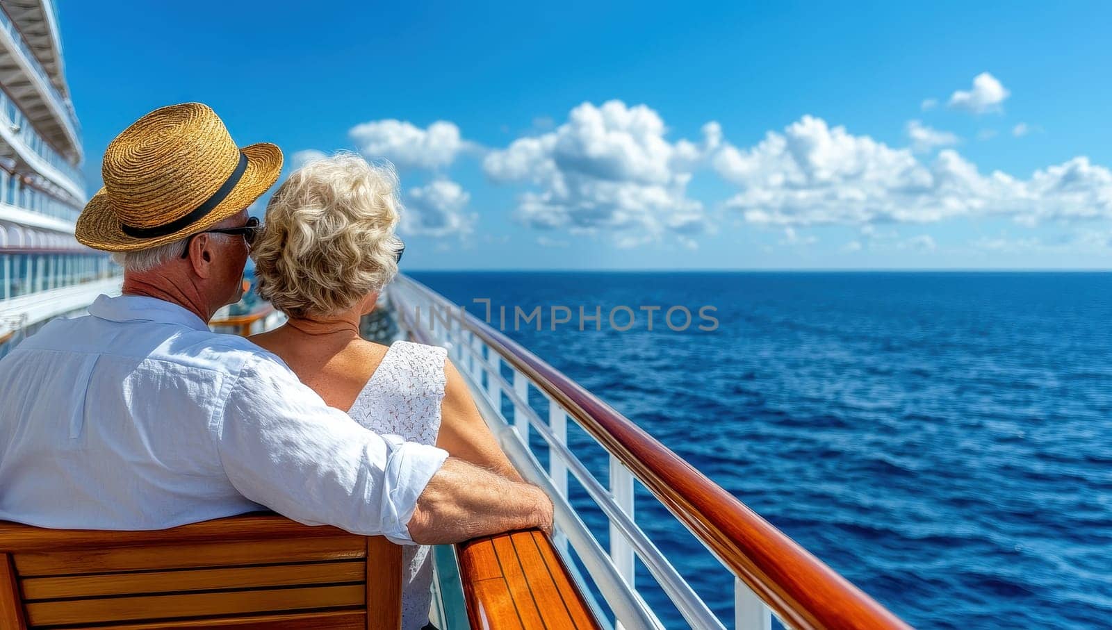 Happy senior couple enjoys a romantic cruise ship voyage, gazing at the ocean view.