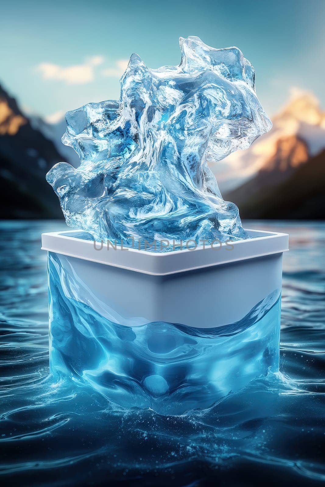A large piece of glacial ice floats in a container submerged in a pristine lake, showcasing a breathtaking mountain backdrop.
