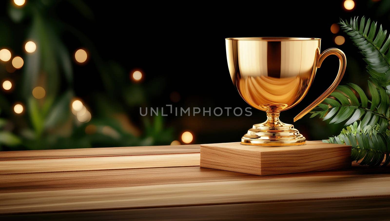 Golden trophy cup sits on wooden pedestal against blurred green background with lights.