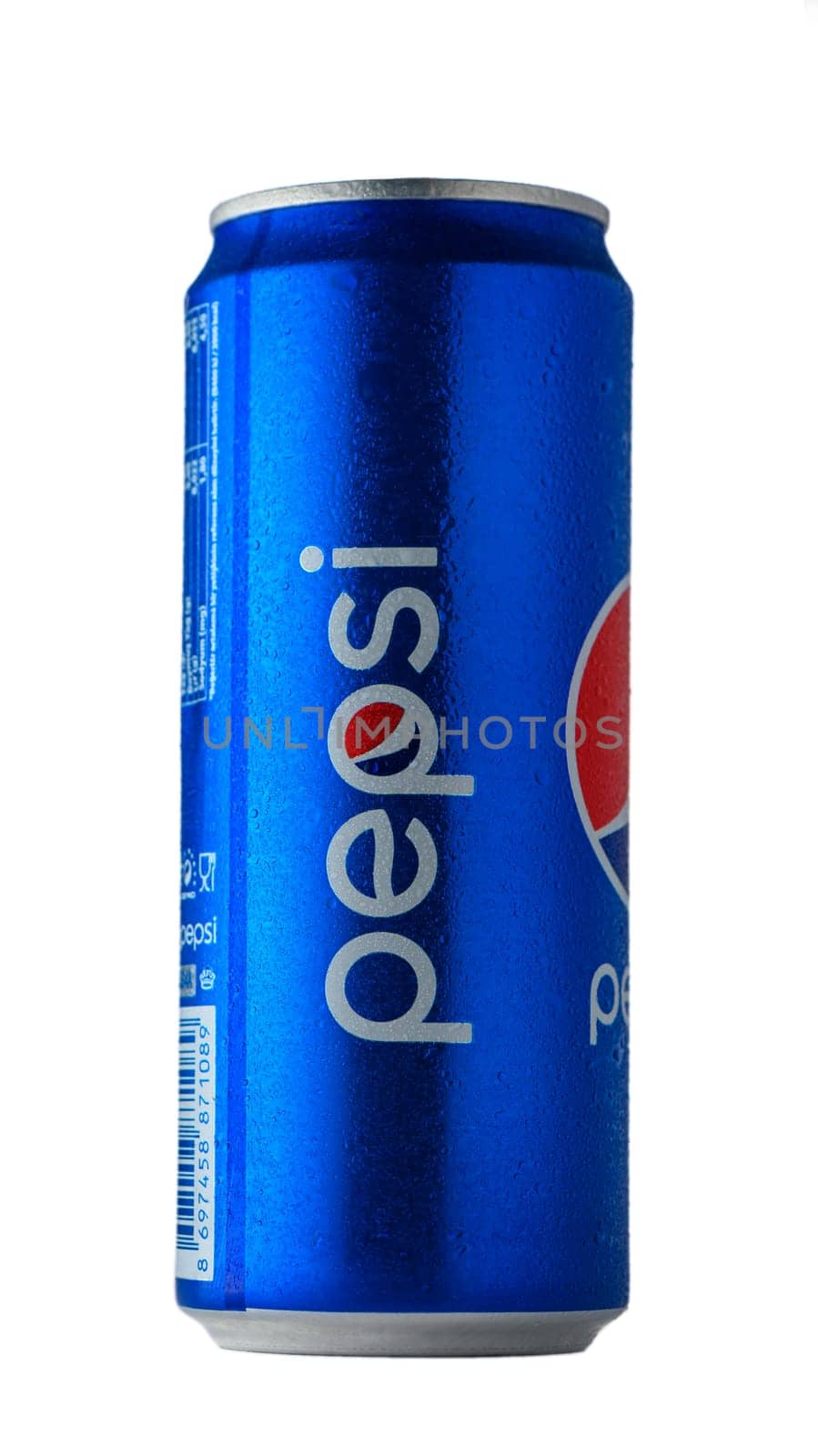 Gaziveren Cyprus -04.04.2025 This striking blue soda Pepsi can stands tall, showcasing its iconic label, ready to quench thirst during a sunny afternoon barbecue or picnic, bringing joy and refreshment to all.
