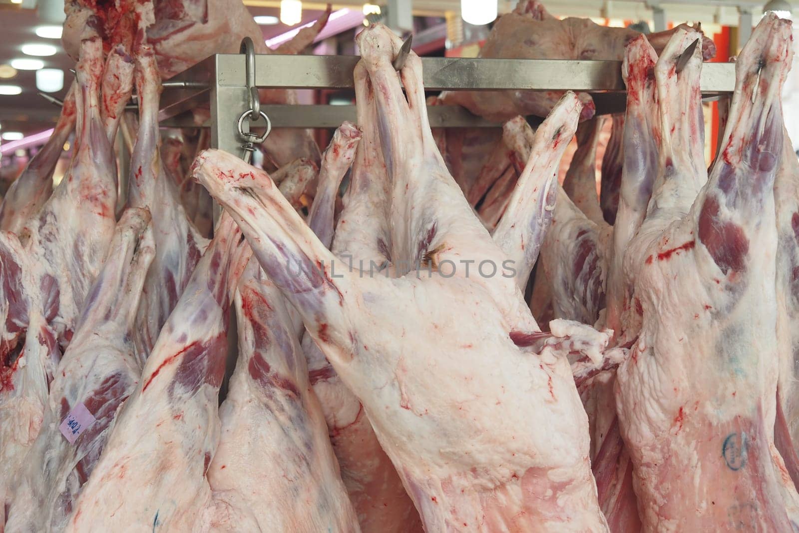 Lamb carcasses are displayed in a market for customers to view.