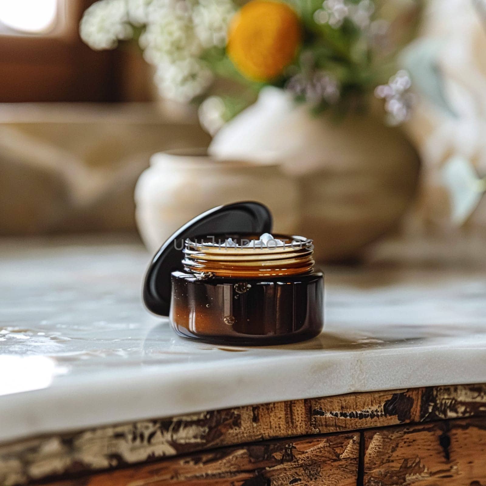 Cosmetic cream in a glass jar. Skin care concept. Background for beauty products