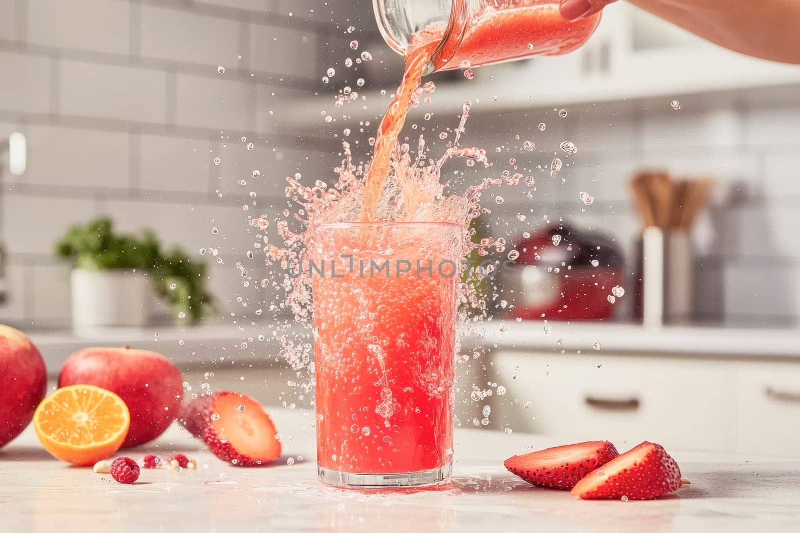 A vibrant red juice with strawberries and citrus splashing into a glass, emphasizing freshness, hydration, and prebiotic-rich nutrition for gut health.