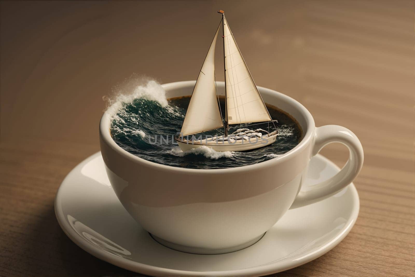 Surreal teacup with sailboat navigating stormy waves inside.. AI generated