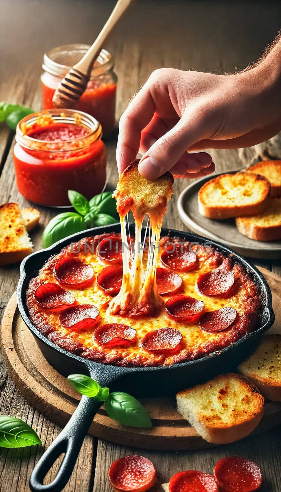Two close-up shots of a pepperoni pizza dip in a cast iron skillet. Each image captures a hand dipping a slice of toasted bread into the gooey, melted cheese and pepperoni mixture, set on a rustic wooden table. Nearby bowls of crispy toasted bread slices are ready for dipping, adding to the inviting, cozy atmosphere.