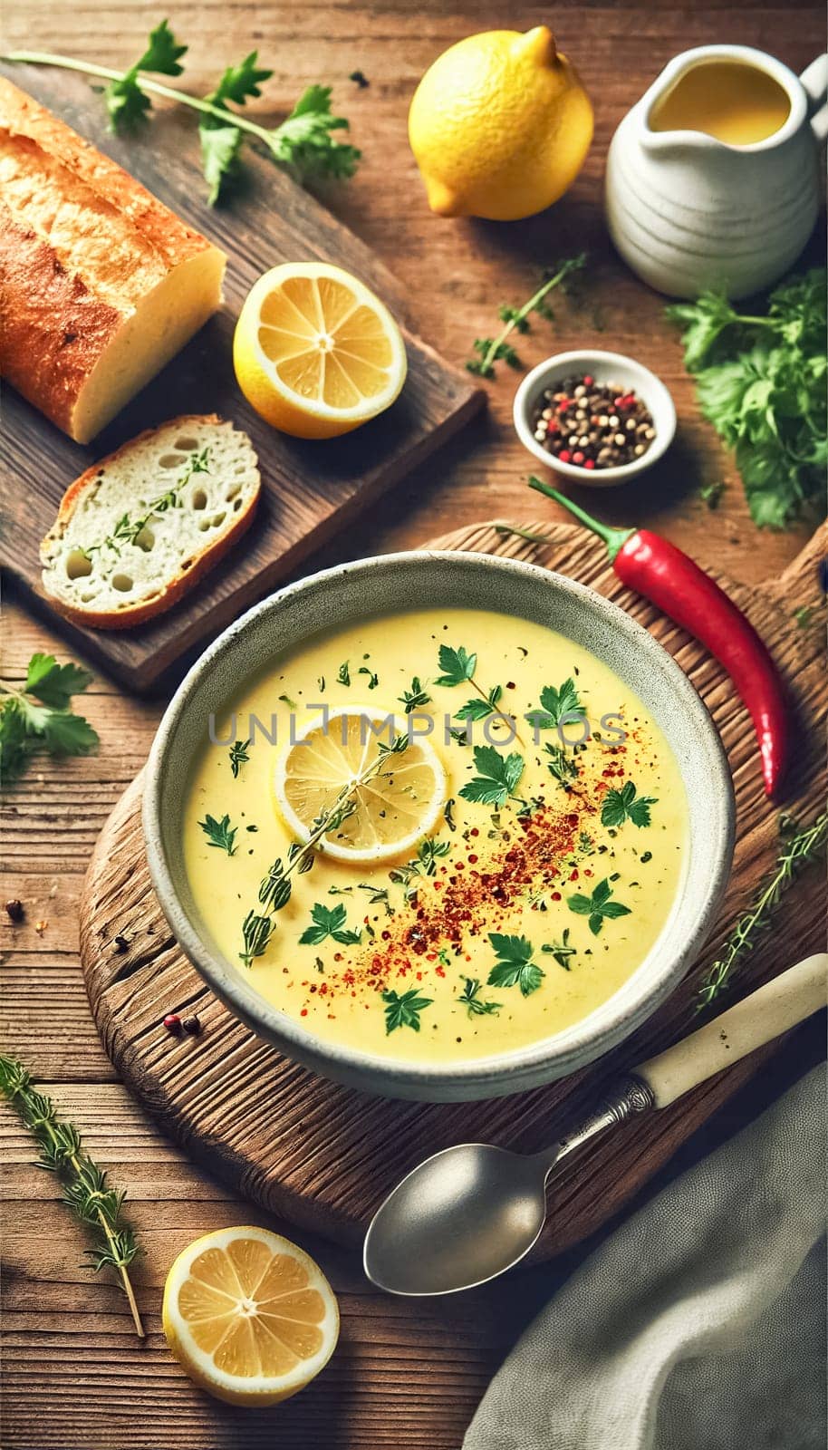 A beautifully presented bowl of creamy yellow soup garnished with a slice of lemon, fresh herbs, and a sprinkle of chili flakes. The setup on a marble surface, complete with a slice of crusty bread and surrounding ingredients, creates a cozy and inviting atmosphere.
