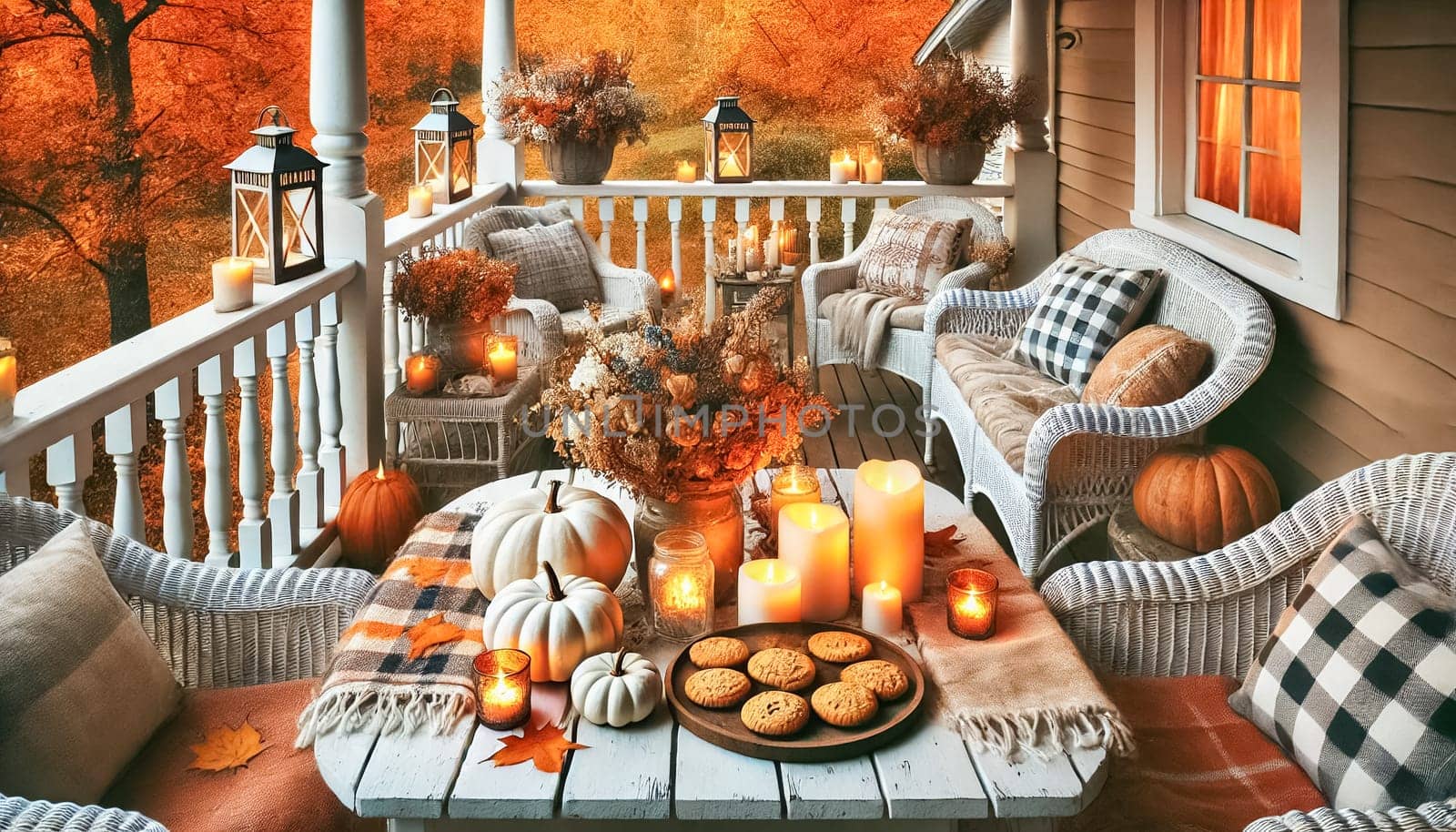 These images showcase a wide perspective of a serene autumn porch, highlighting a rustic wooden table adorned with white pumpkins, candles, and dried flowers. The cozy setup includes wicker chairs with plaid cushions, and the vibrant orange and yellow fall foliage creates a warm, inviting atmosphere perfect for a quiet, intimate evening gathering.