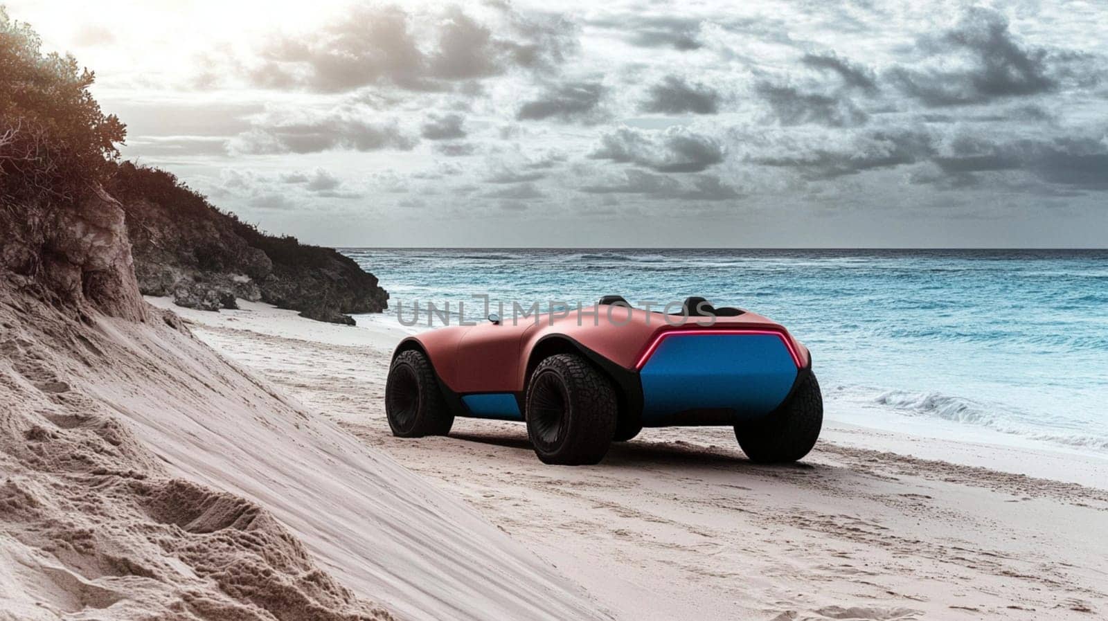 Futuristic, autonomous, electric car is parked on a pristine beach with a rocky cliff and turquoise ocean in the background. The car is a sleek and modern design, with a silver and blue exterior