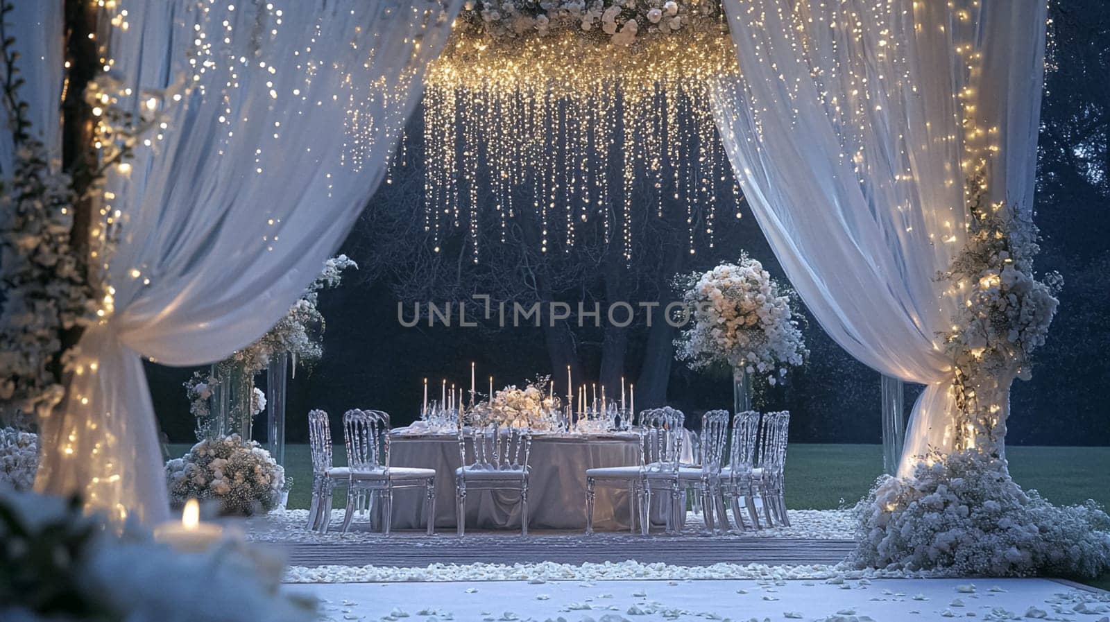 Grand magical winter wedding reception adorned with luxurious decorfation and illumination, creating an enchanting and romantic setting