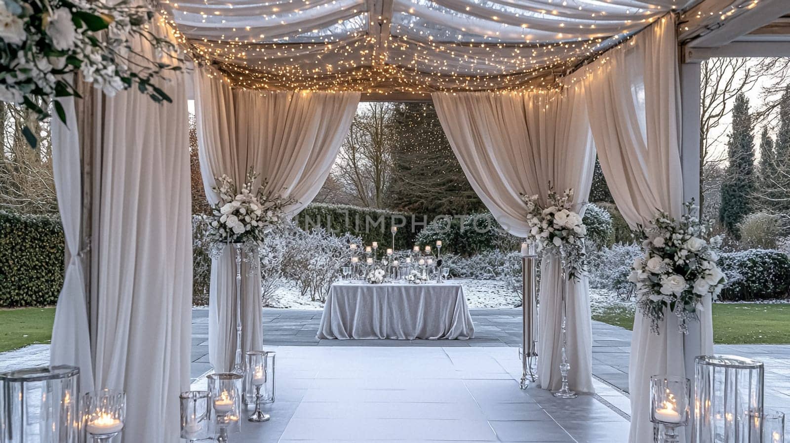Grand magical winter wedding reception adorned with luxurious decorfation and illumination, creating an enchanting and romantic setting