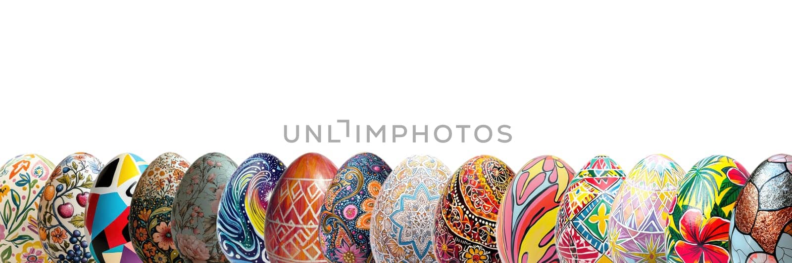 A captivating and vibrant collection of intricately decorated Easter eggs showcasing a variety of festive designs