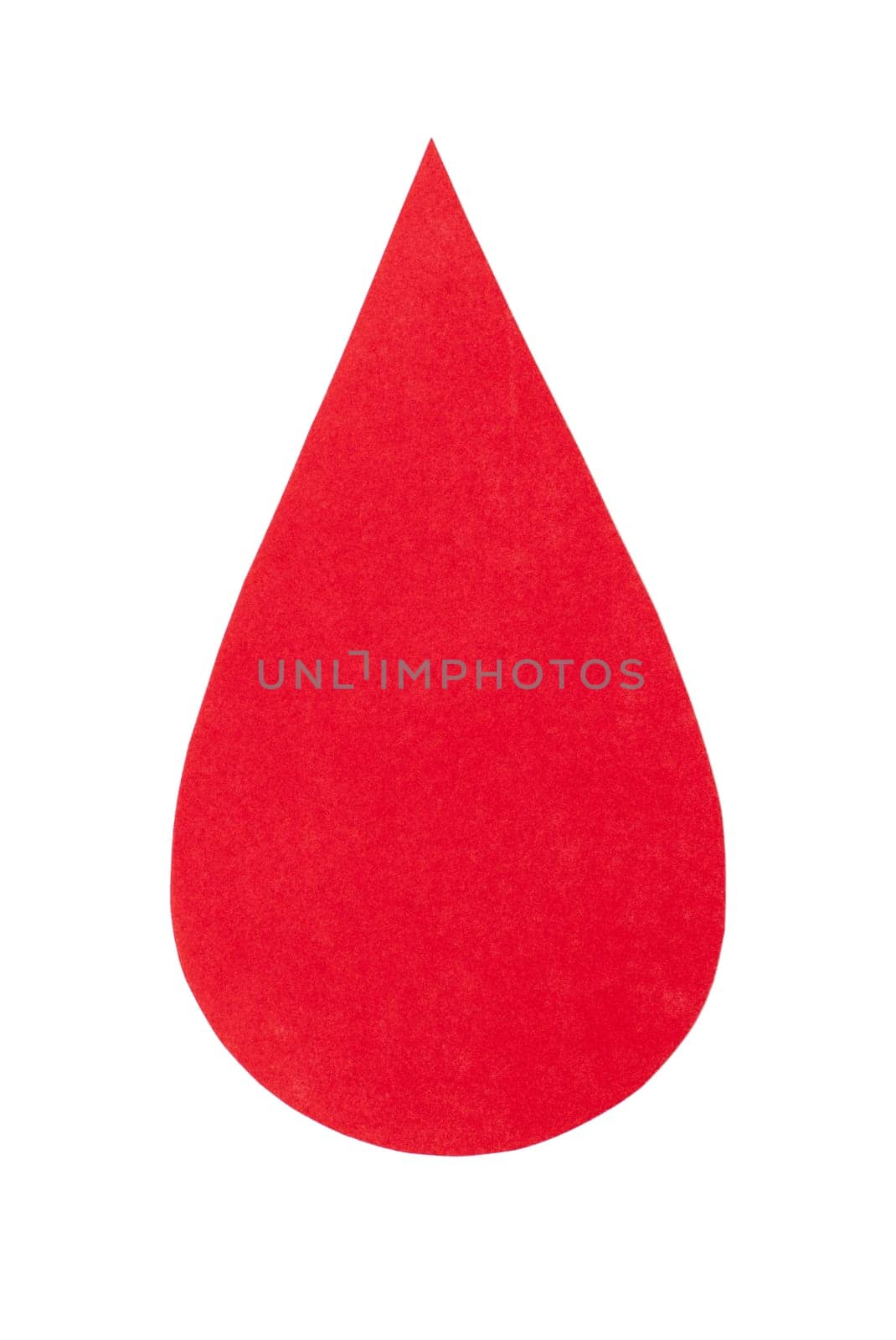 Red velvet cardboard cut out in the shape of a drop of blood, isolated on a clean white background, symbolizes hemophilia, blood donation and blood-related diseases, World Blood Donor Day