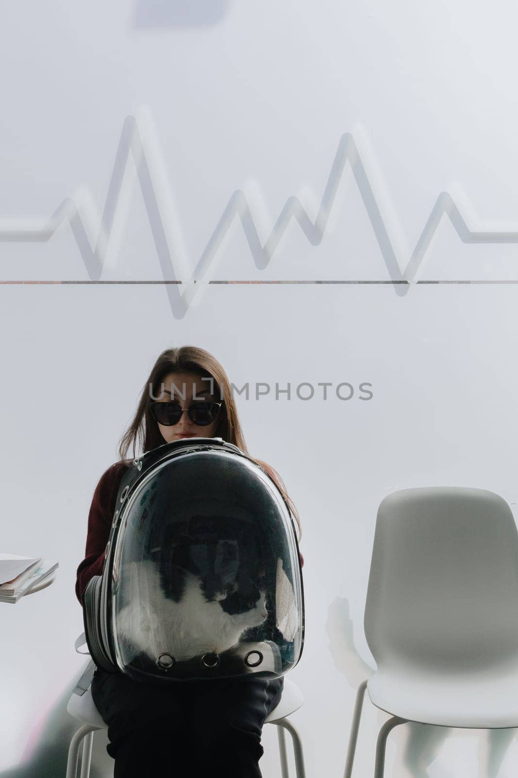 Portrait of one young beautiful Caucasian brunette girl in sunglasses sitting on a white chair in a veterinary clinic with a black and white cat in a transparent backpack on her lap waiting for an appointment spring day, side view, close-up. Concept of people and cats, visit to the veterinarian.