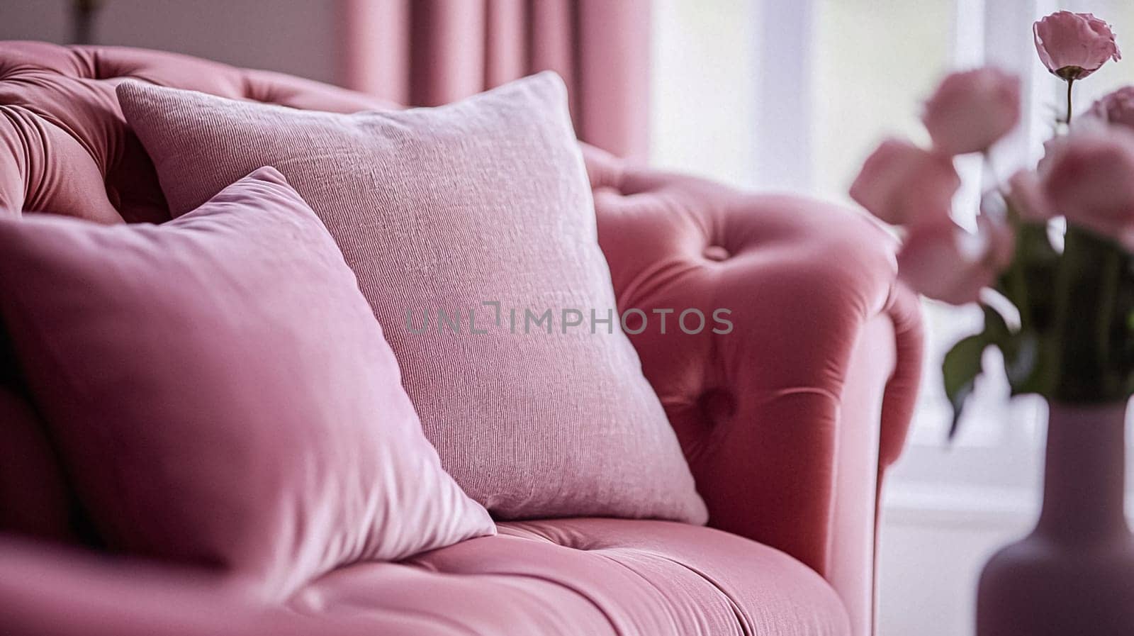 English style cottage interior in romantic colours, delicate patterns, vintage furnishings, evoking the timeless charm and tranquillity of a classic countryside