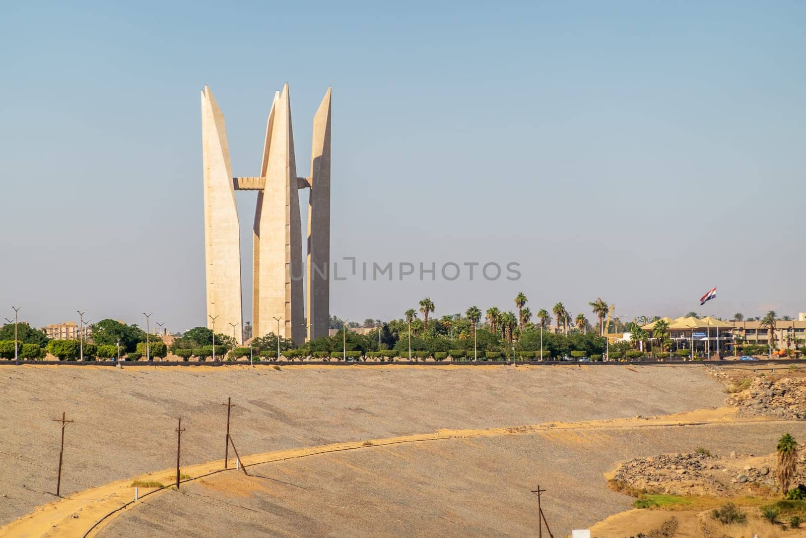 Commemorative structure to recognize Russian support for Aswan dam built by the side of the lake in Egypt