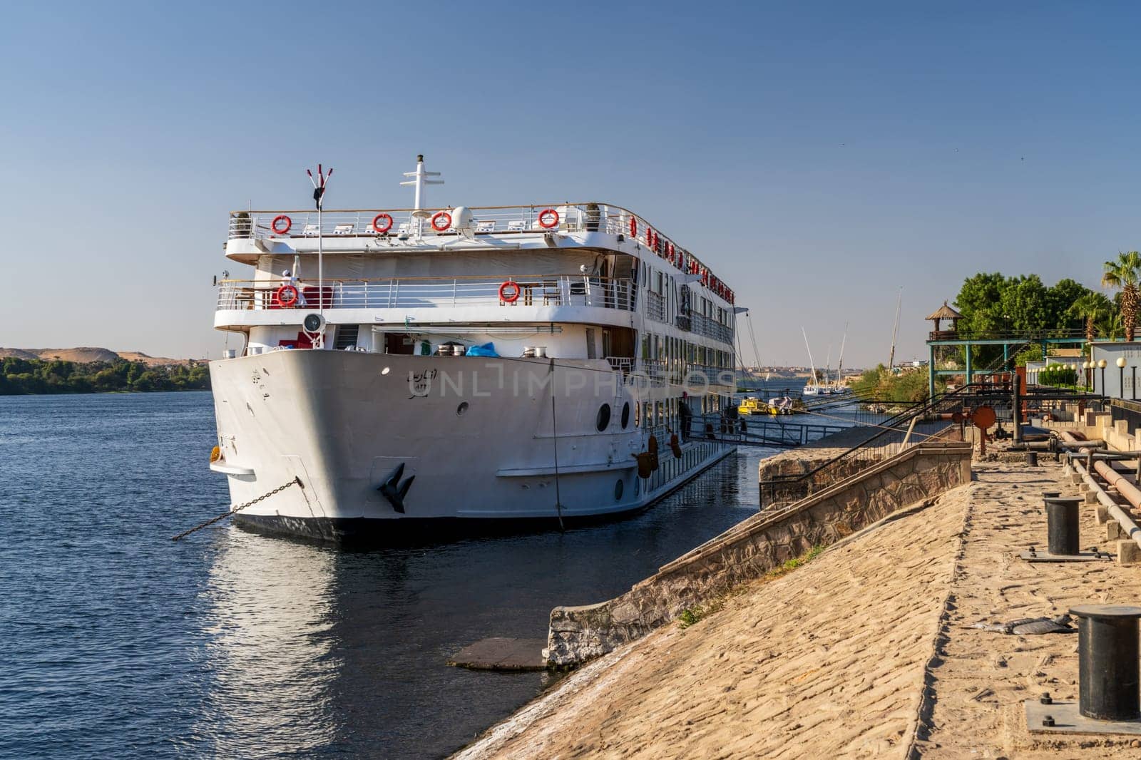 Aswan, Egypt - 4 November 2024: VIking cruises MS Antares docked by the Nile in Aswan