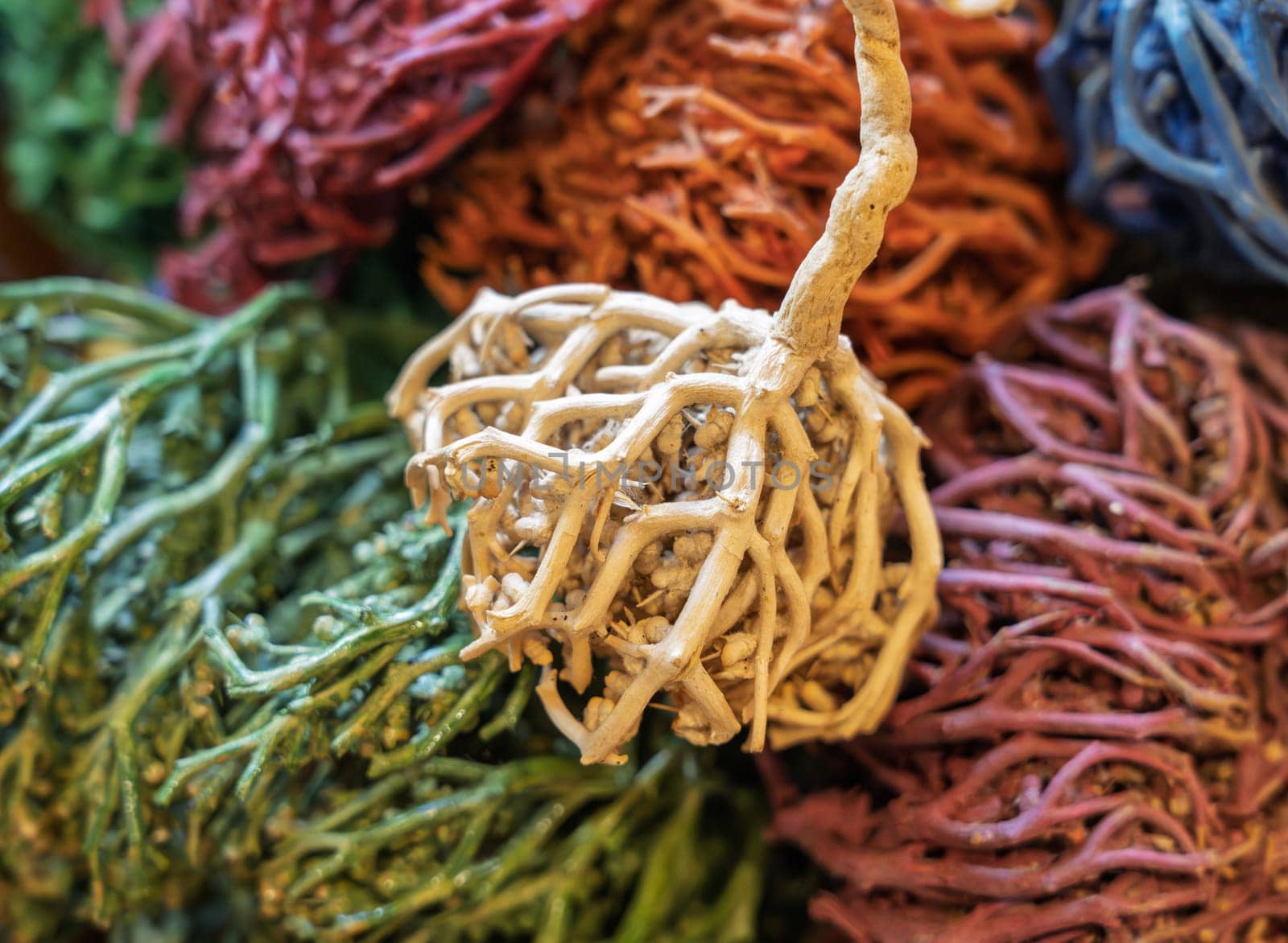 Colored dried seaweed Rose of Jericho (Selaginella lepidophylla) shaped into decorative balls on the street market in Aswan