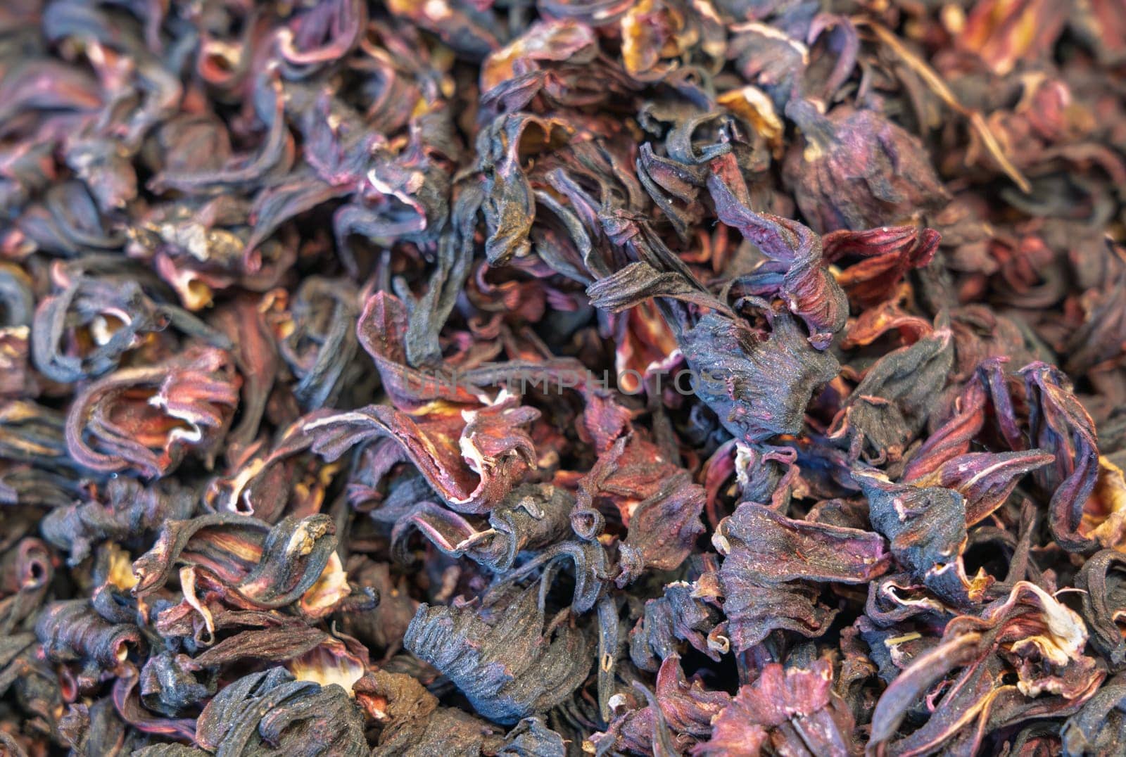 Dried Roselle Hibiscus leaves for making tea in Aswan spice shop display