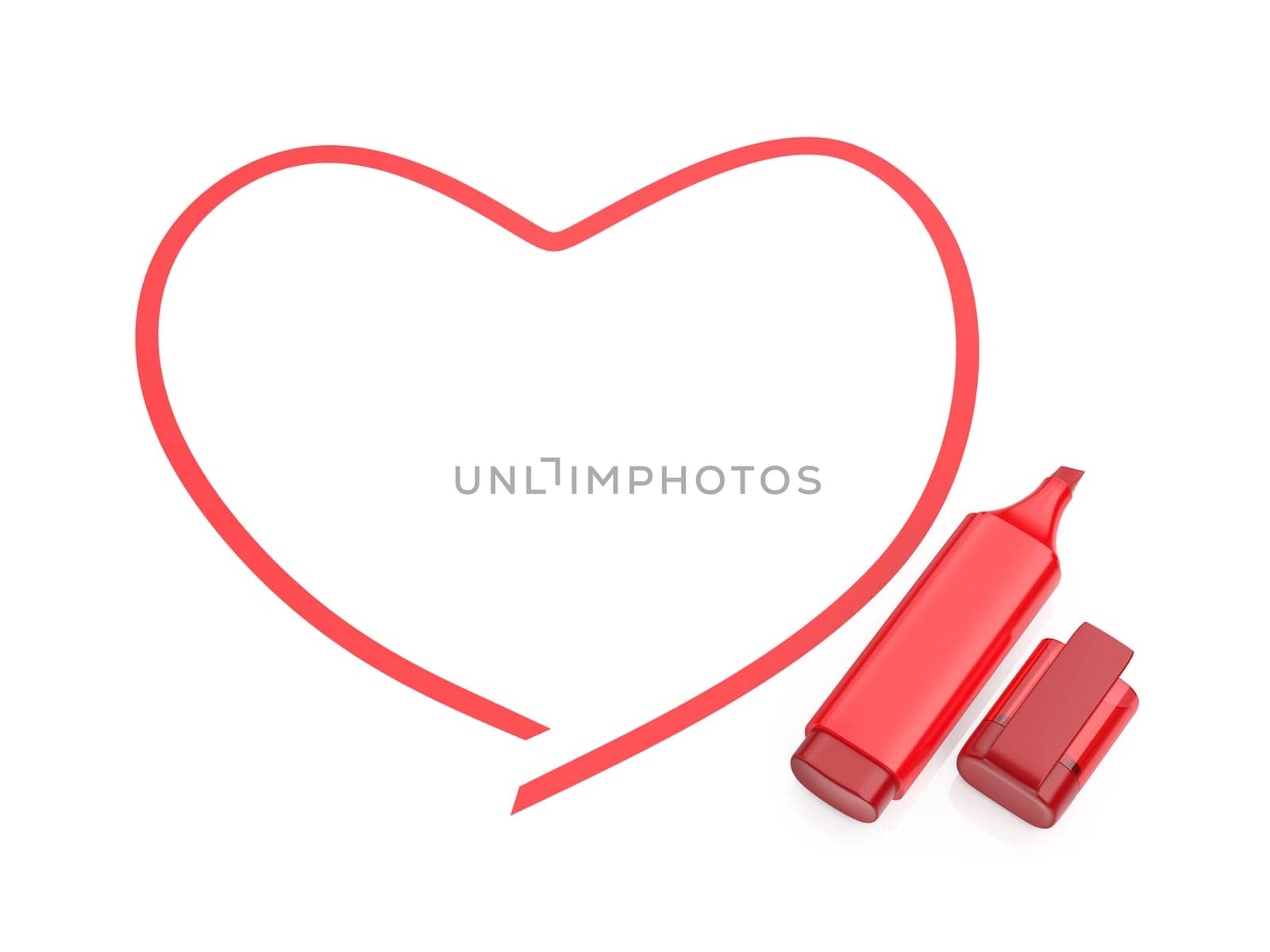 Red marker and red heart on white background