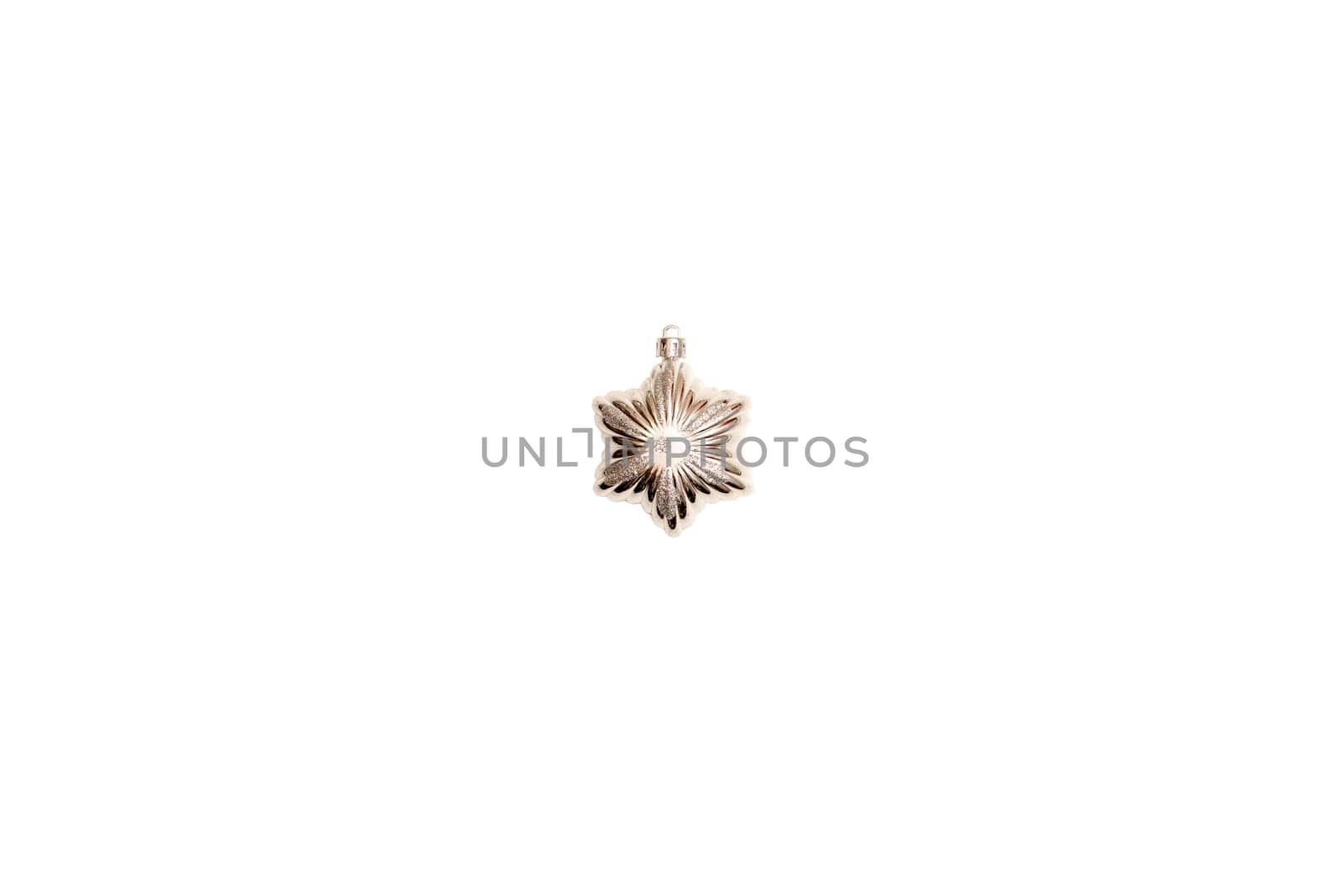 Silver shiny Christmas tree toy star isolated on white background.Details for new year and Christmas holidays atmosphere, design of greeting card banner.