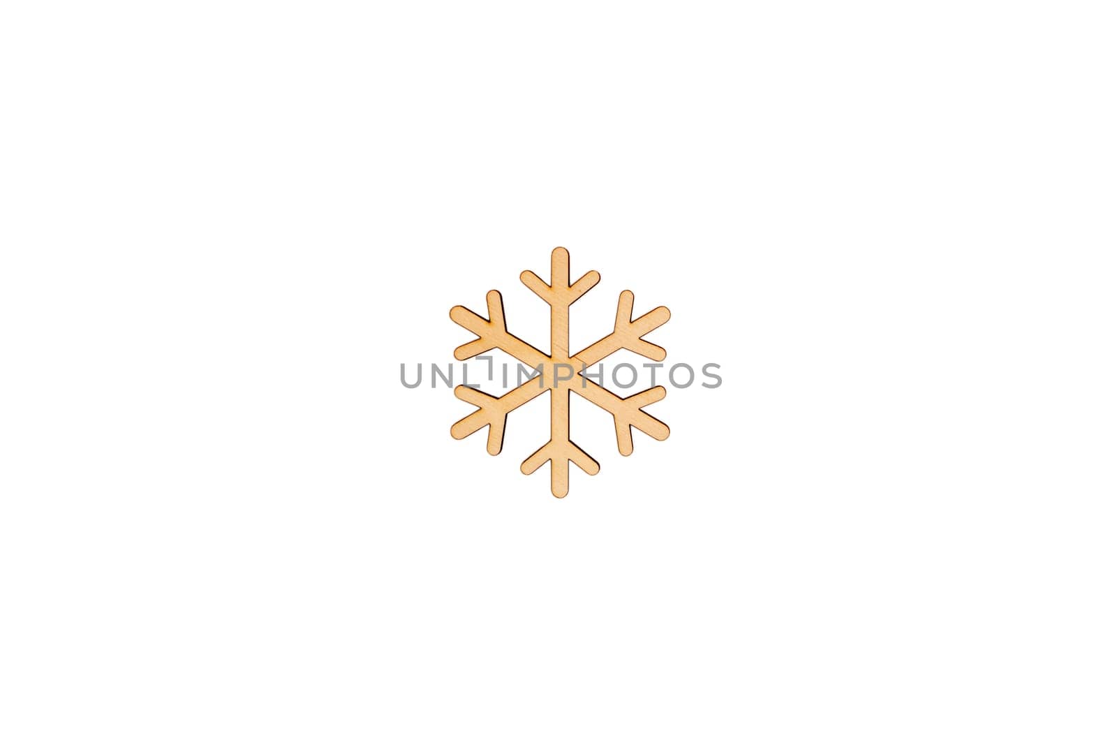 Wooden flat blank snowflake shape on white isolated background. Flat lay, top view, mock up, copy space