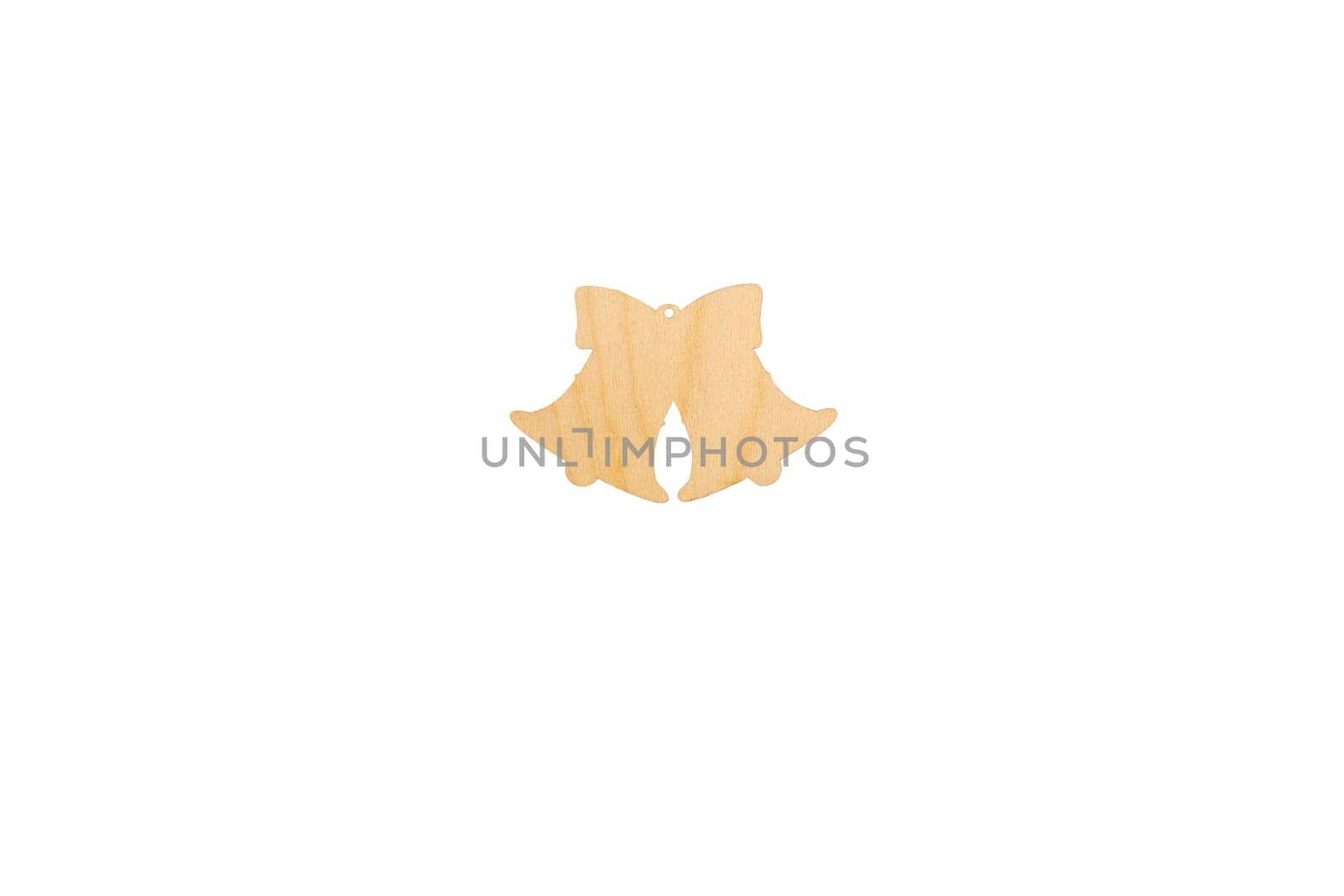Wooden flat blank figure of two Christmas bells on white isolated background.Flat lay, top view, mock up, copy space