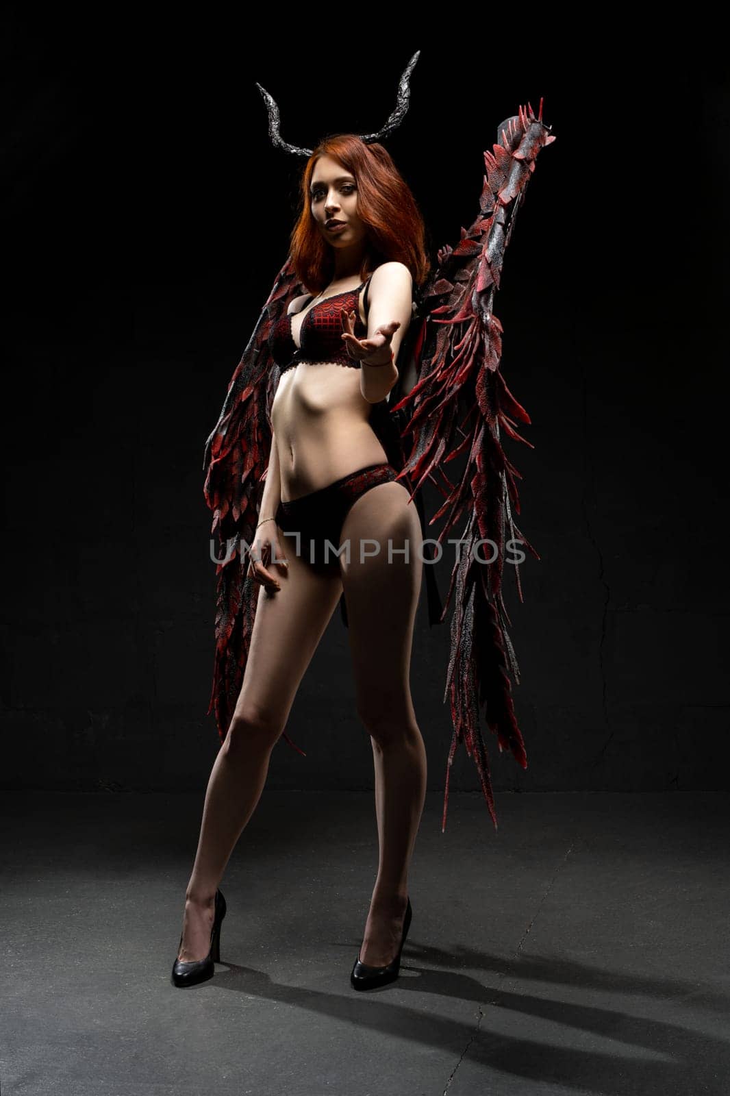 Full body of seductive female in lingerie wearing horns and wings looking at camera on black background in murk studio