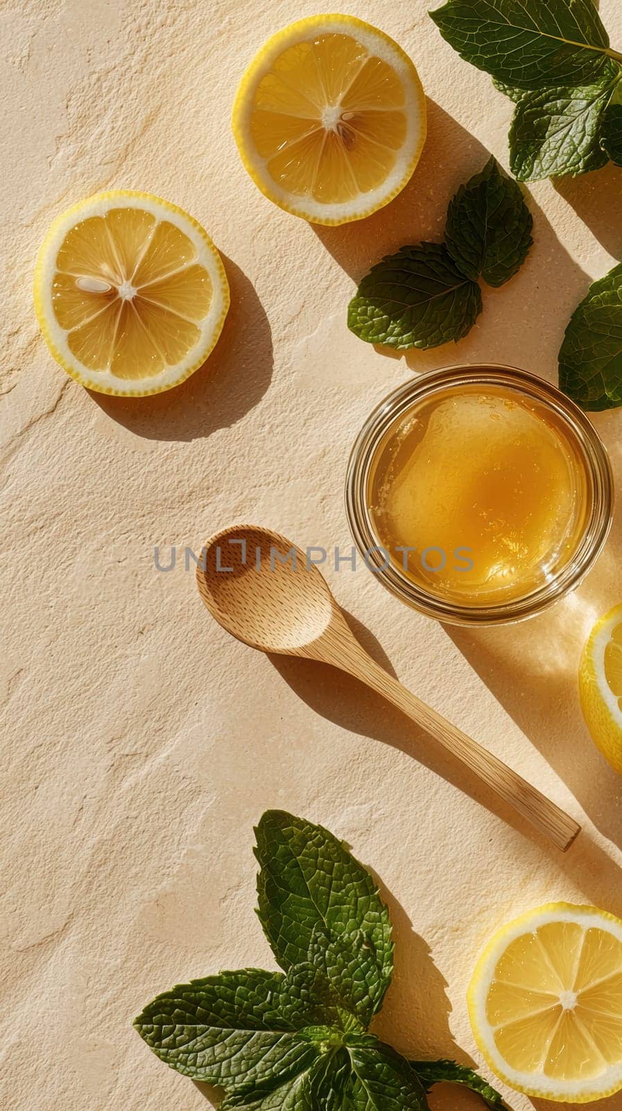 A small jar of golden honey with fresh lemon slices and mint leaves on a sunlit textured background. A natural remedy rich in probiotics and antioxidants for gut health and immunity.